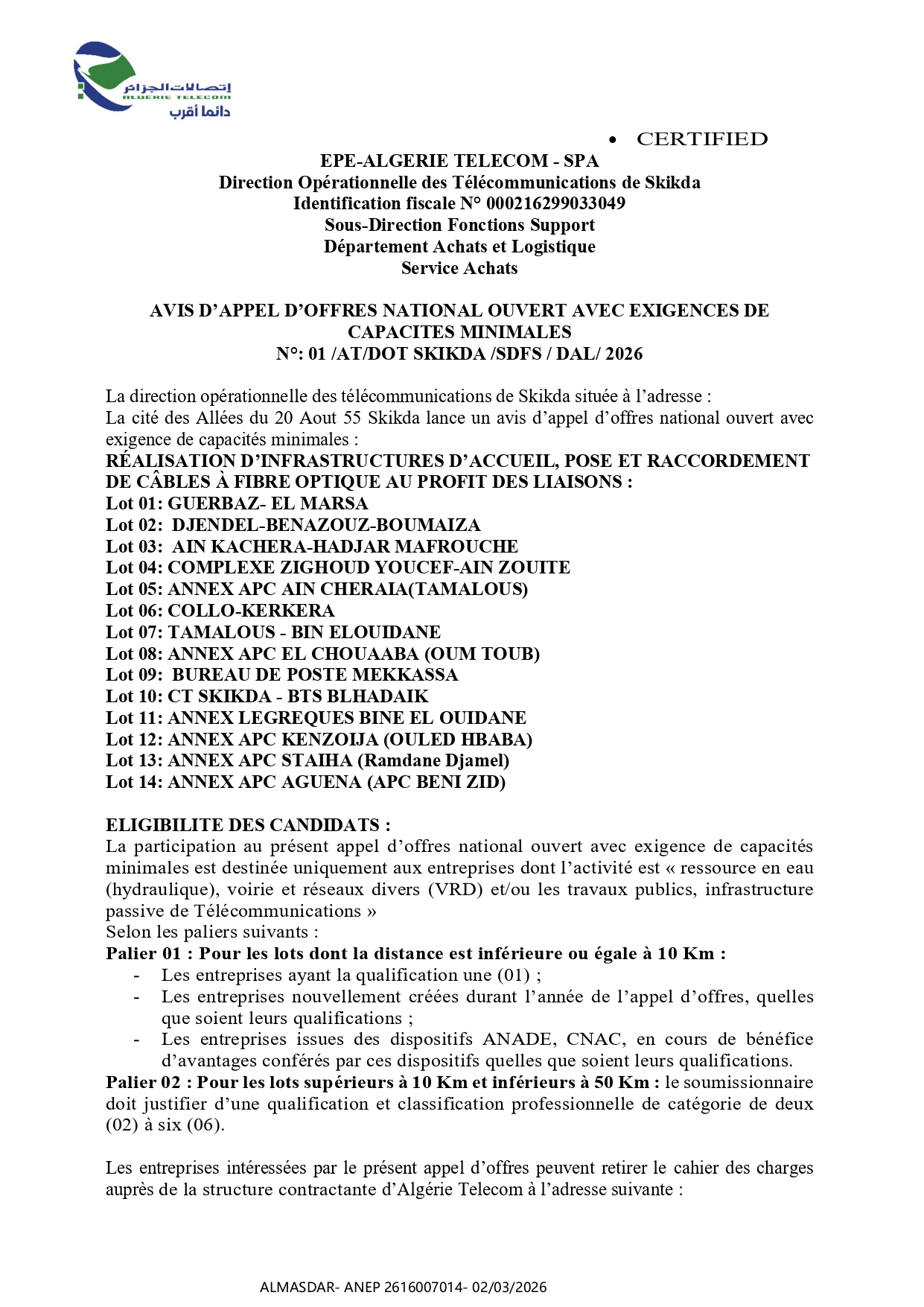 AVIS D’APPEL D’OFFRES NATIONAL OUVERT AVEC EXIGENCES DE  CAPACITES MINIMALES   N°: 01 /AT/DOT SKIKDA /SDFS / DAL/ 2026