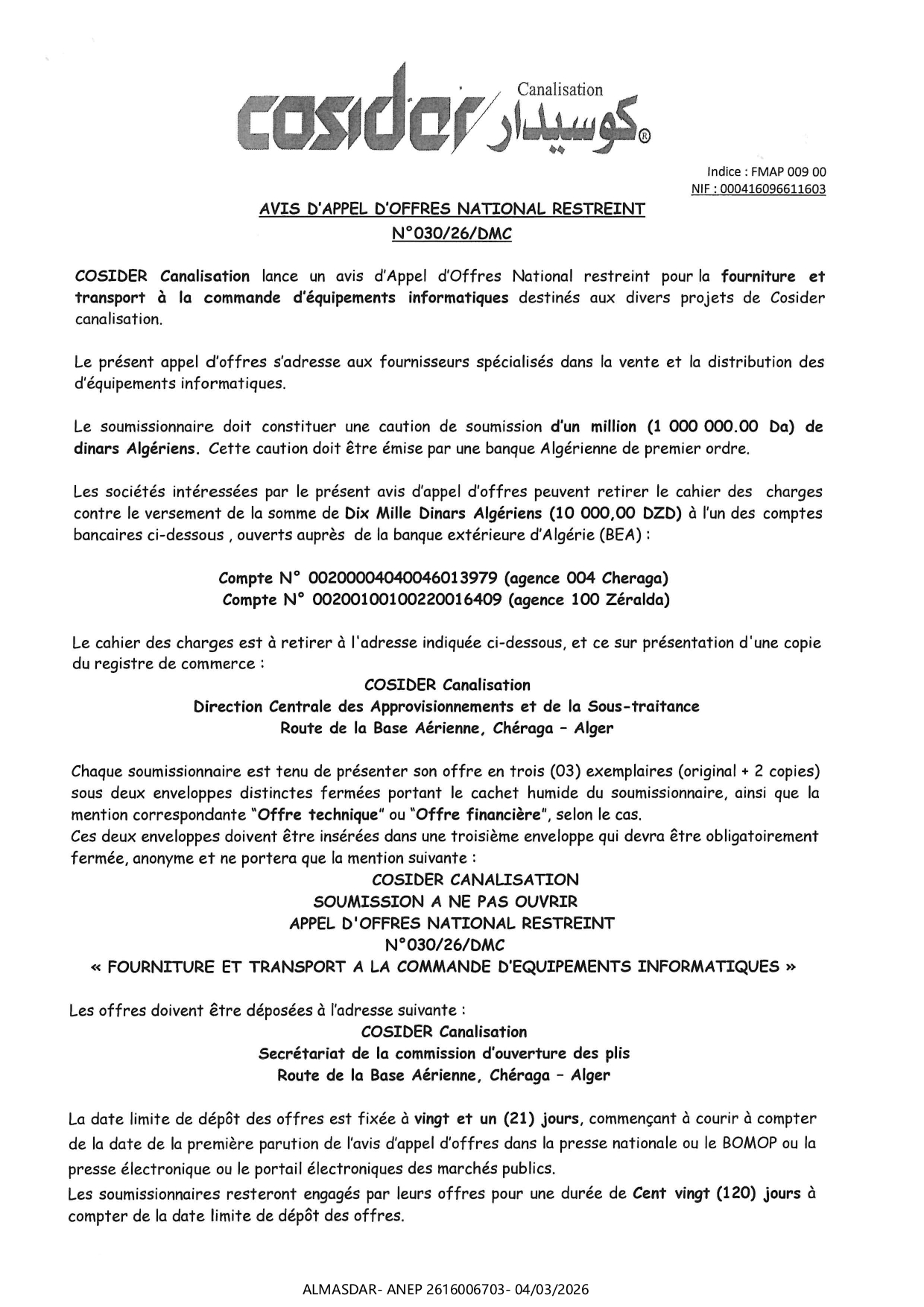 -AVIS D'APPEL D'OFFRES NATIONAL RESTREINT N 030/26