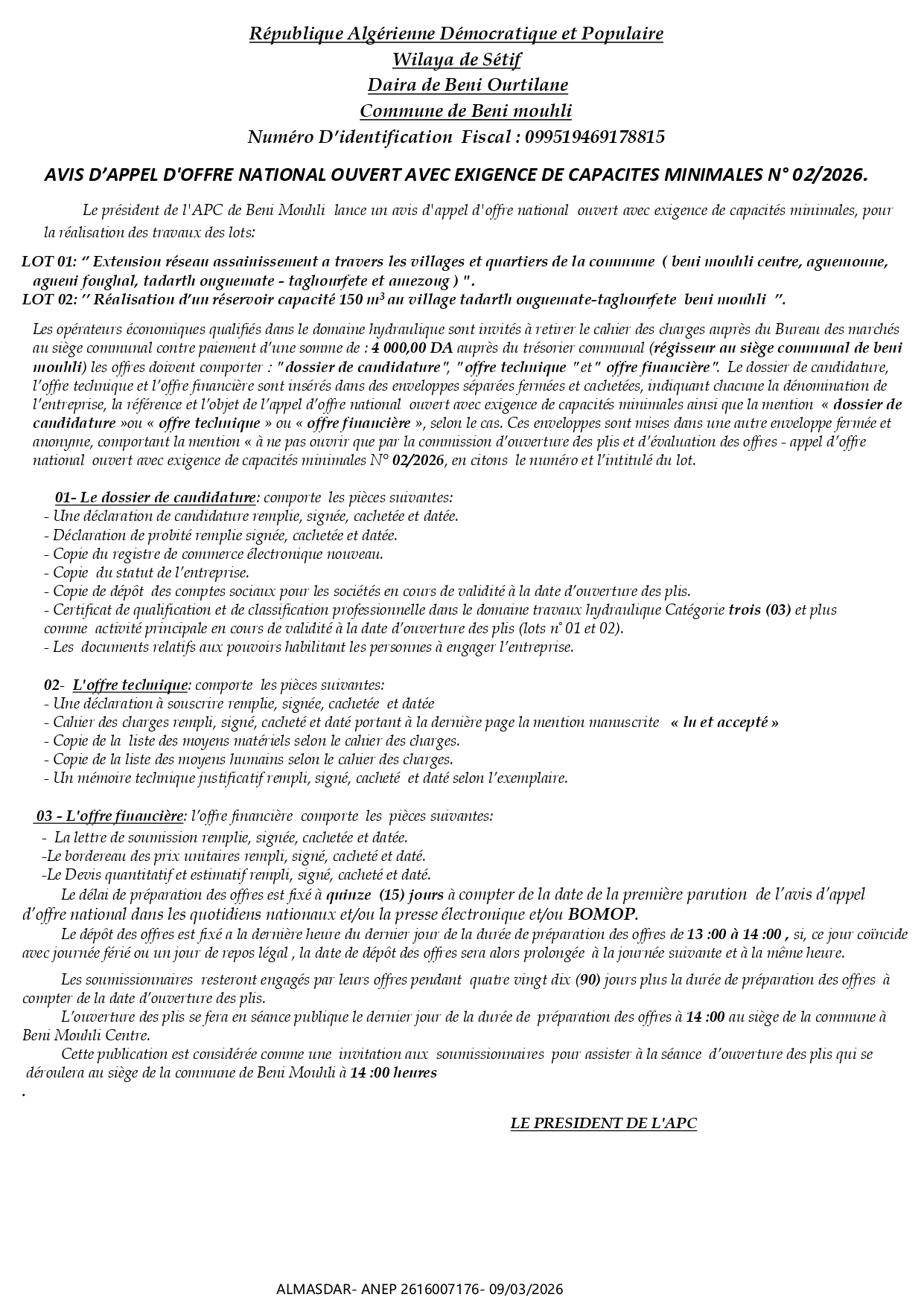 AVIS D’APPEL D'OFFRE NATIONAL OUVERT AVEC EXIGENCE DE CAPACITES MINIMALES N° 02/2026. 