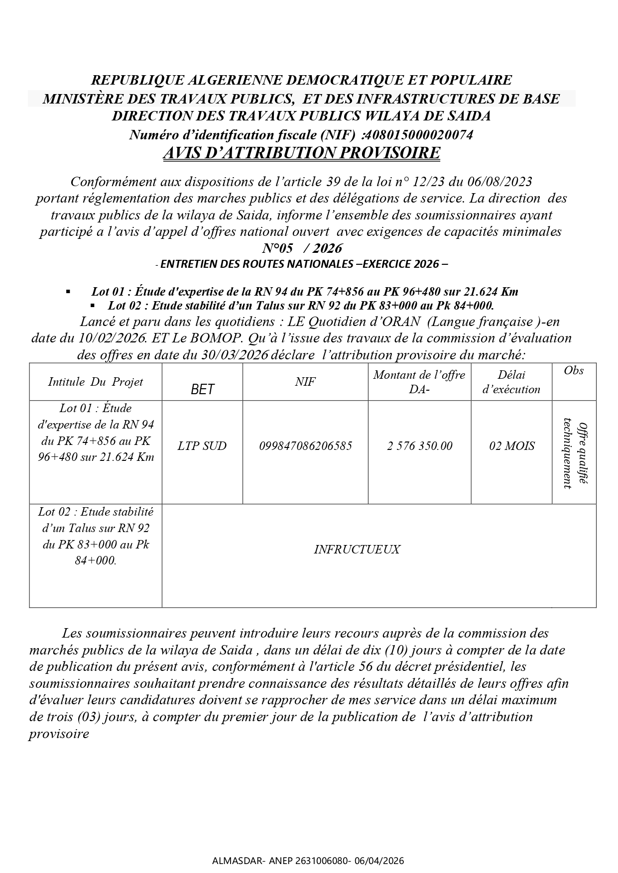 */*/AVIS D’ATTRIBUTION PROVISOIRE */*/