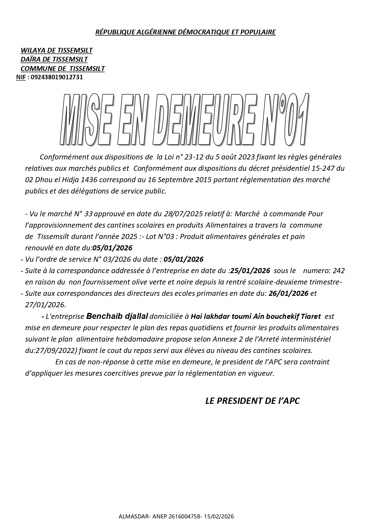 MISE EN DEMEURE N01/*/