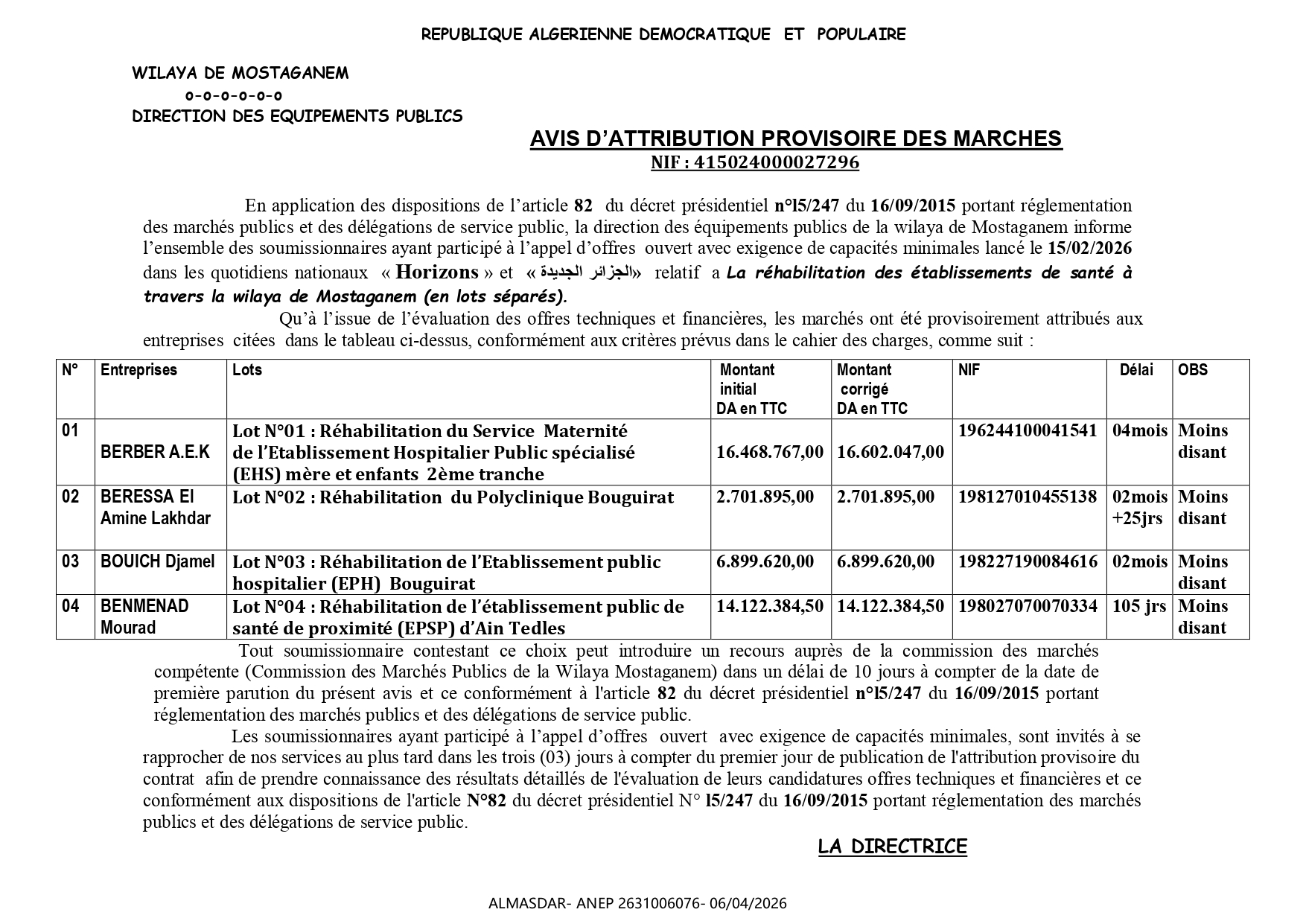 */*AVIS D’ATTRIBUTION PROVISOIRE DES MARCHES 