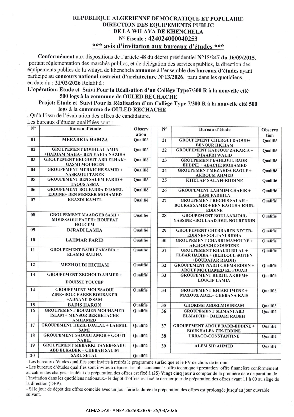 avis d'invitation aux bureaux d'études