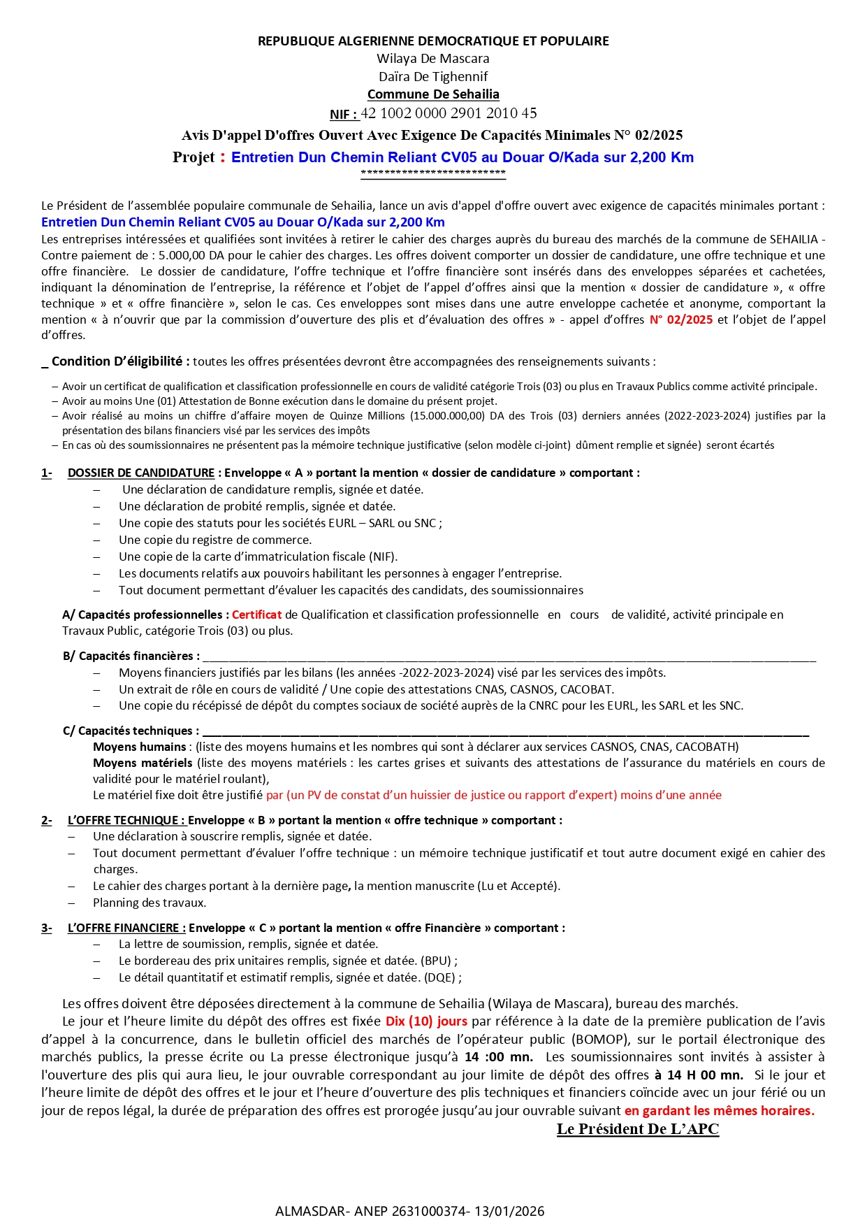 Avis D'appel D'offres Ouvert Avec Exigence De Capacités Minimales N° 02/2025  