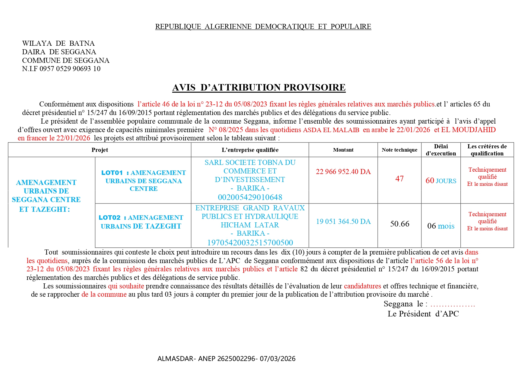 AVIS  D’ATTRIBUTION PROVISOIRE -*