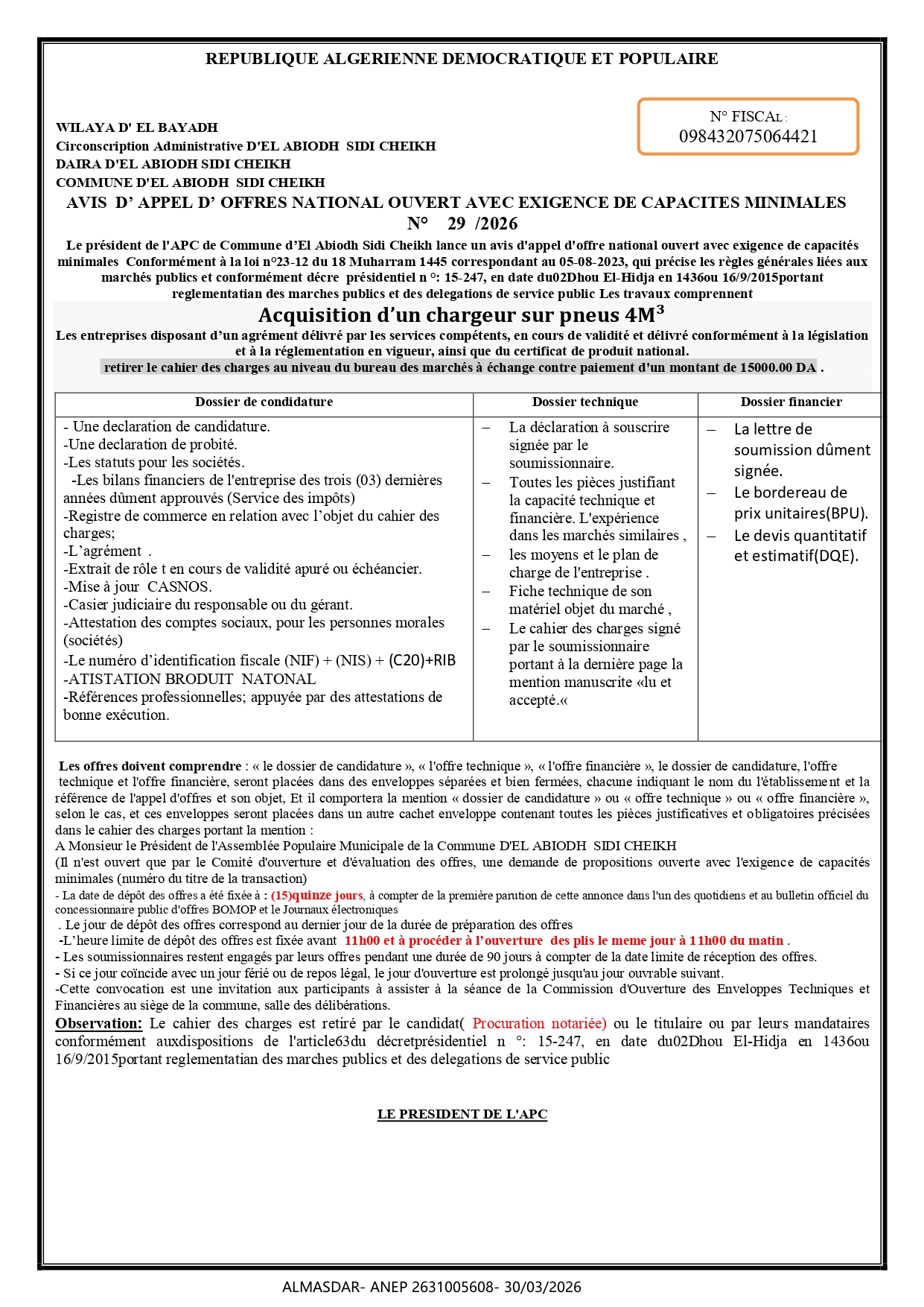 AVIS  D’ APPEL D’ OFFRES NATIONAL OUVERT AVEC EXIGENCE DE CAPACITES MINIMALES  N°    29  /2026 