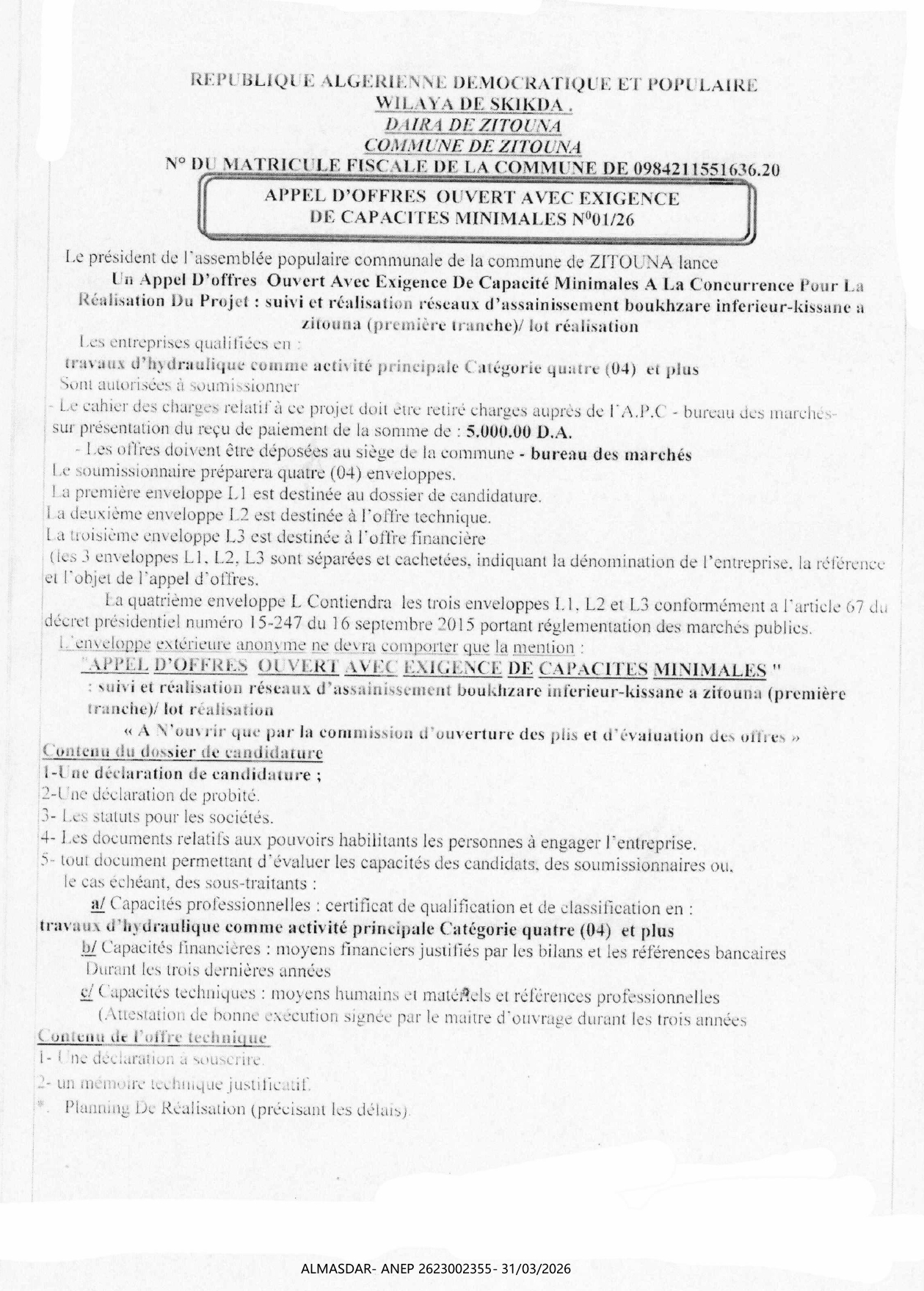 APPEL D'OFFRES OUVERT AVEC EXIGENCE DE CAPACITES MINIMALES N 01/26