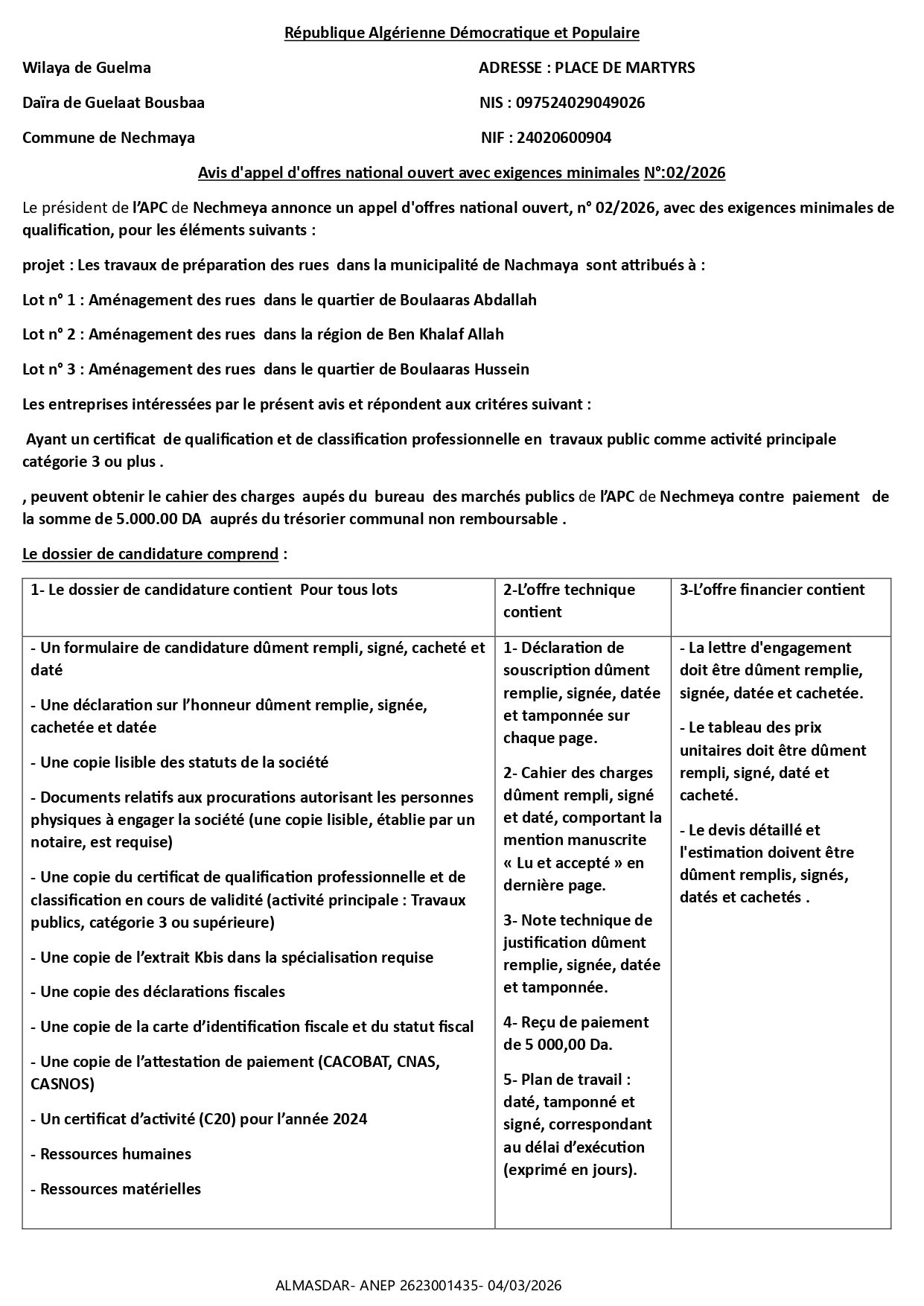 Avis d'appel d'offres na onal ouvert avec exigences minimales N° :02/2026 