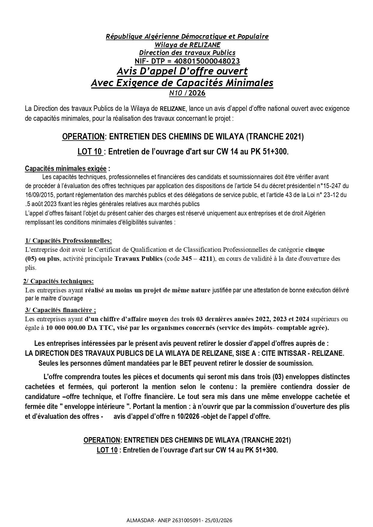 Avis D’appel D’offre ouvert  Avec Exigence de Capacités Minimales  N10 /2026 