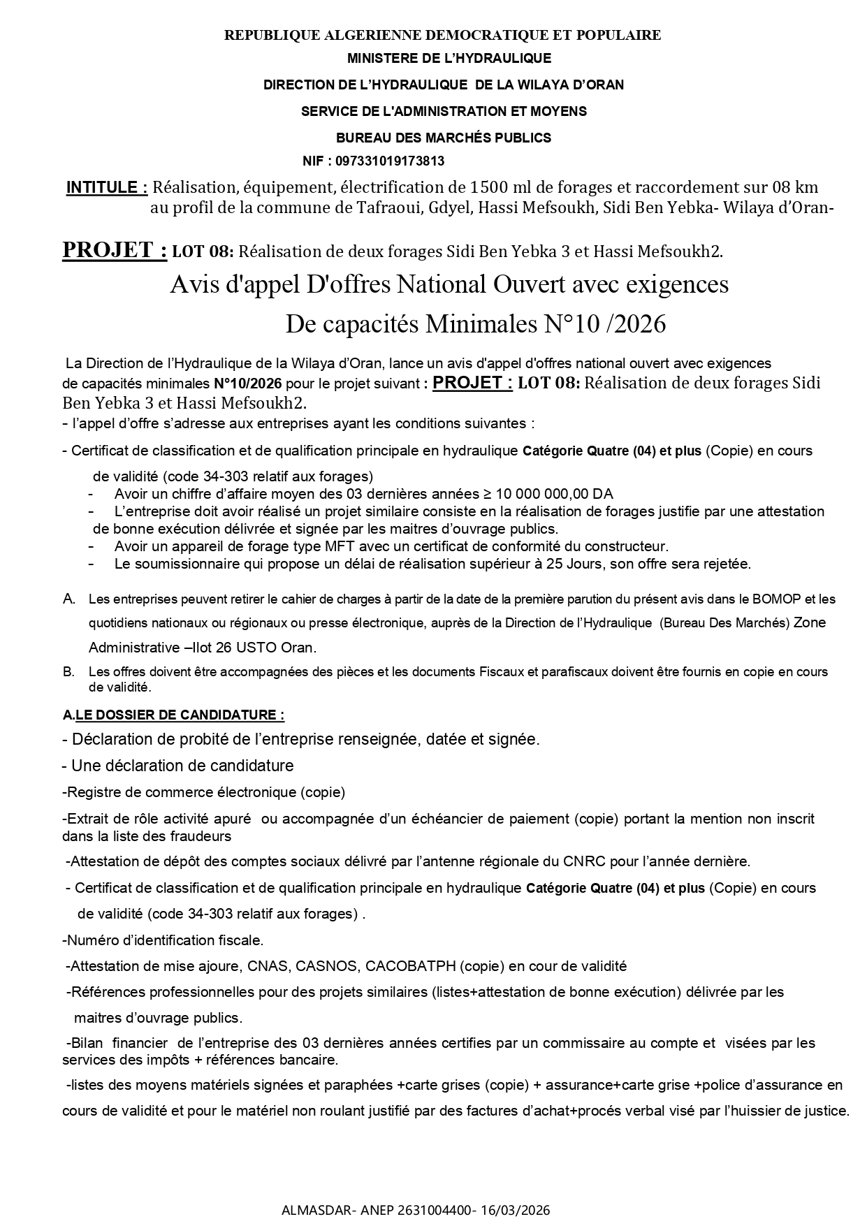 Avis d'appel D'offres National Ouvert avec exigences  De capacités Minimales N°10 /2026