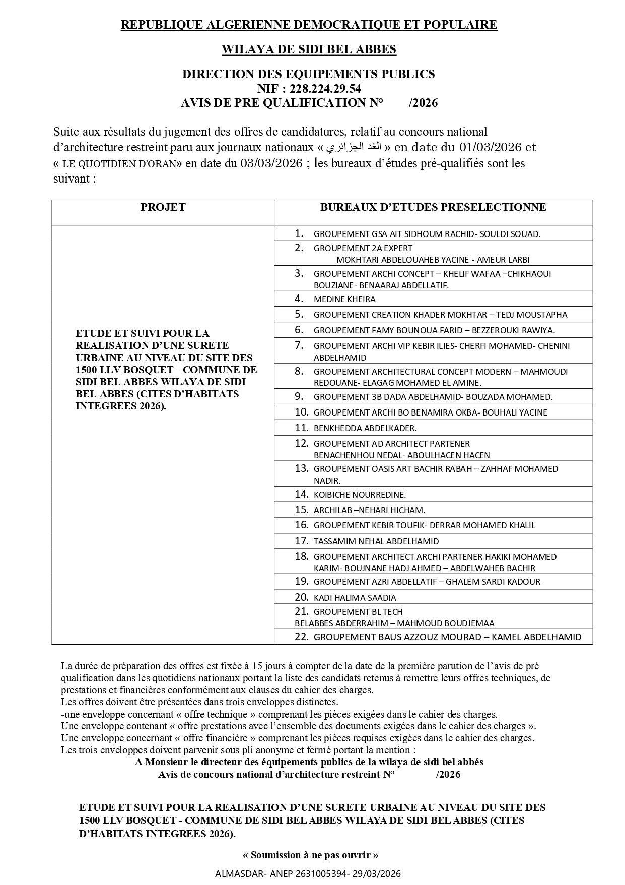 AVIS DE PRE QUALIFICATION */