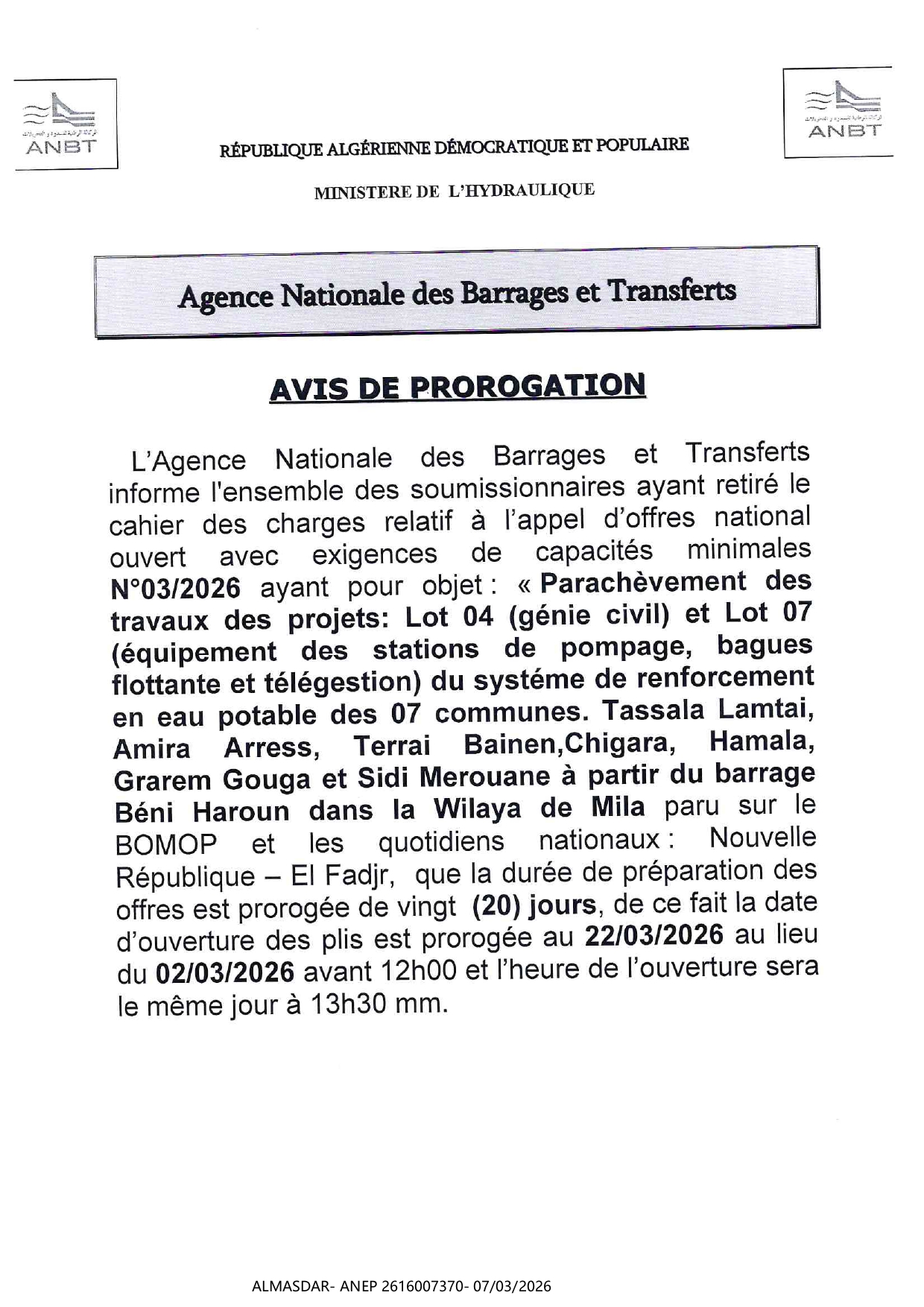 AVIS DE PROROGATION