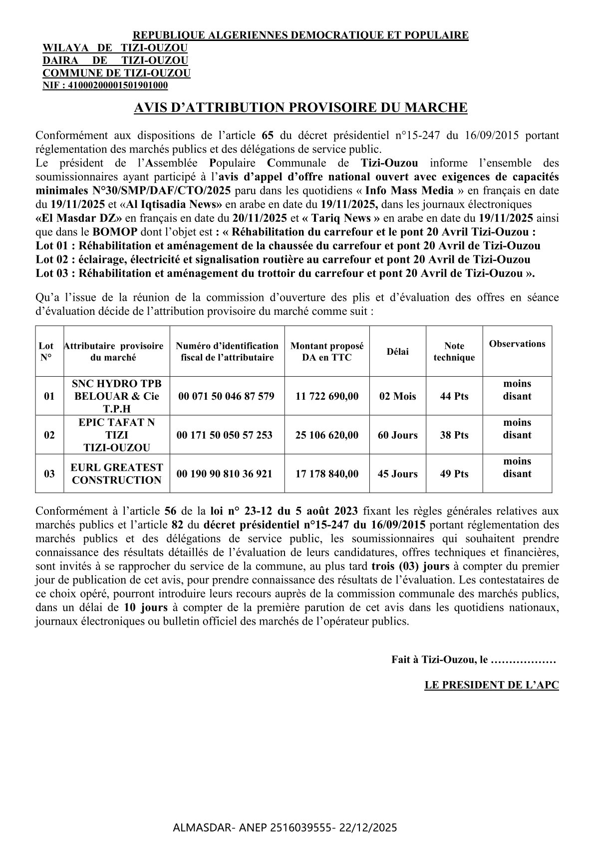 AVIS D’ATTRIBUTION PROVISOIRE DU MARCHE