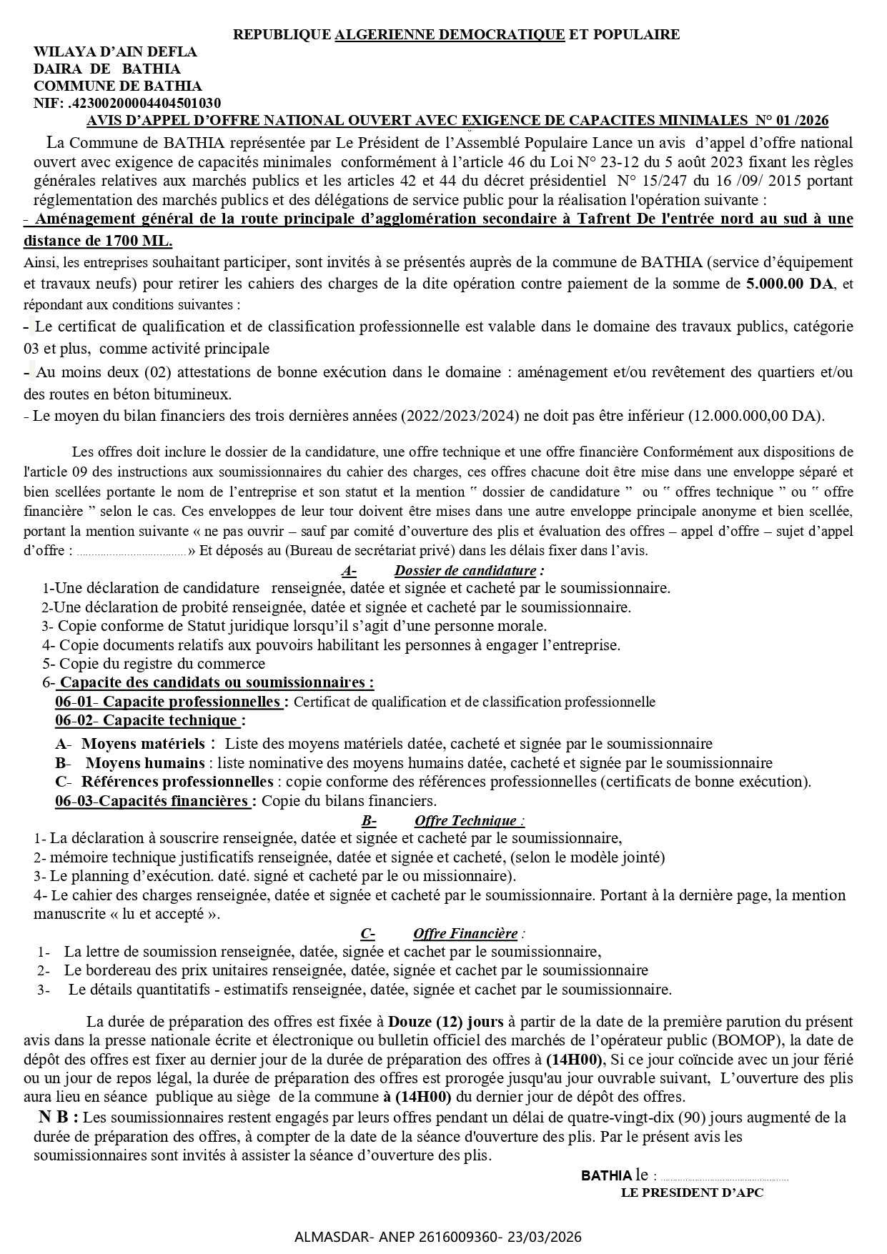 AVIS D’APPEL D’OFFRE NATIONAL OUVERT AVEC EXIGENCE DE CAPACITES MINIMALES  N° 01 /2026 