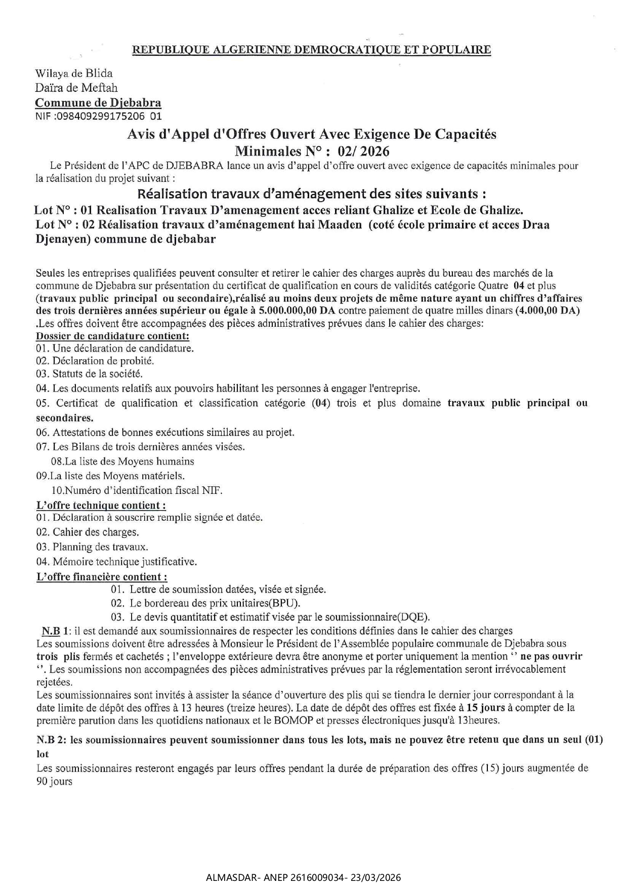 avis d'appel d'offres ouvert avec exigence de capacites minimales n 02/2026