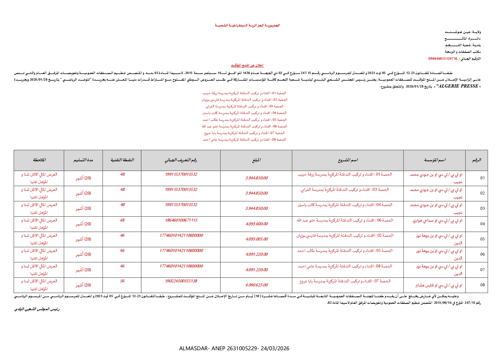 */*اعلان عن المنح المؤقت */*