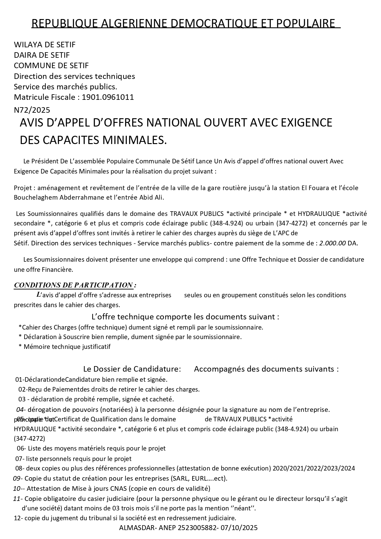 AVIS D'APPEL D'OFFRES NATIONAL OUVERT AVEC EXIGENCE DES CAPACITES MINIMALES.