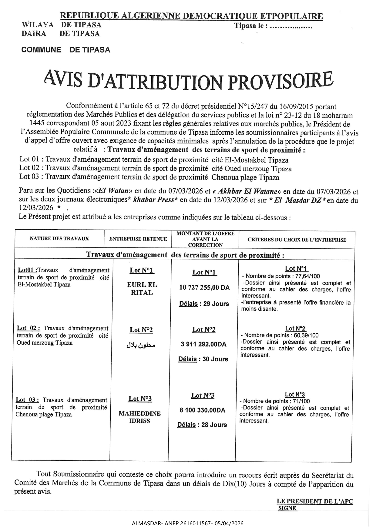 AVIS D'ATTRIBUTION PROVISOIRE /*/-