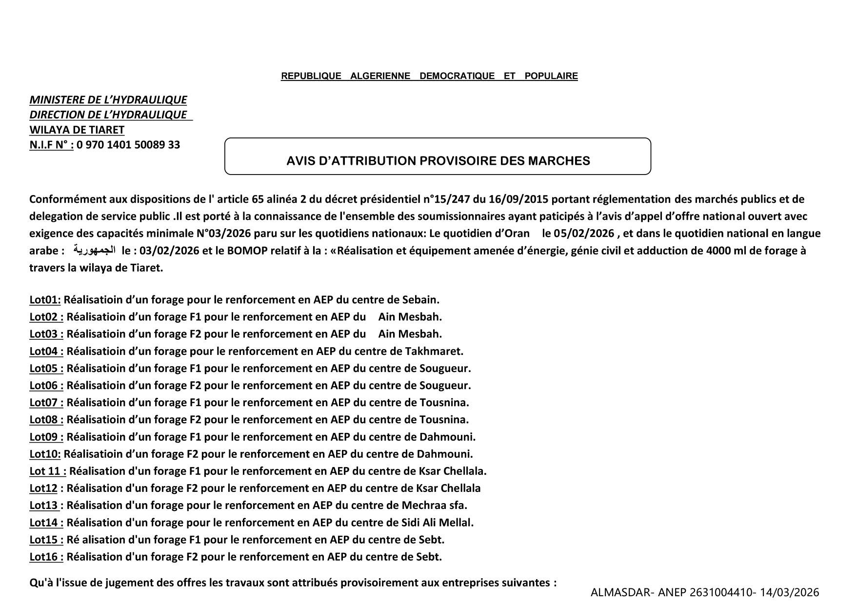 //avis d'attribution provisoire des marches 