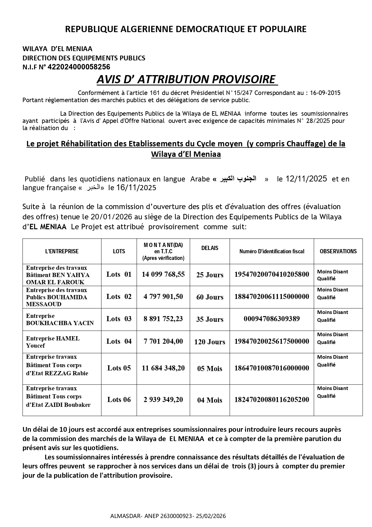 */*AVIS D’ ATTRIBUTION PROVISOIRE 