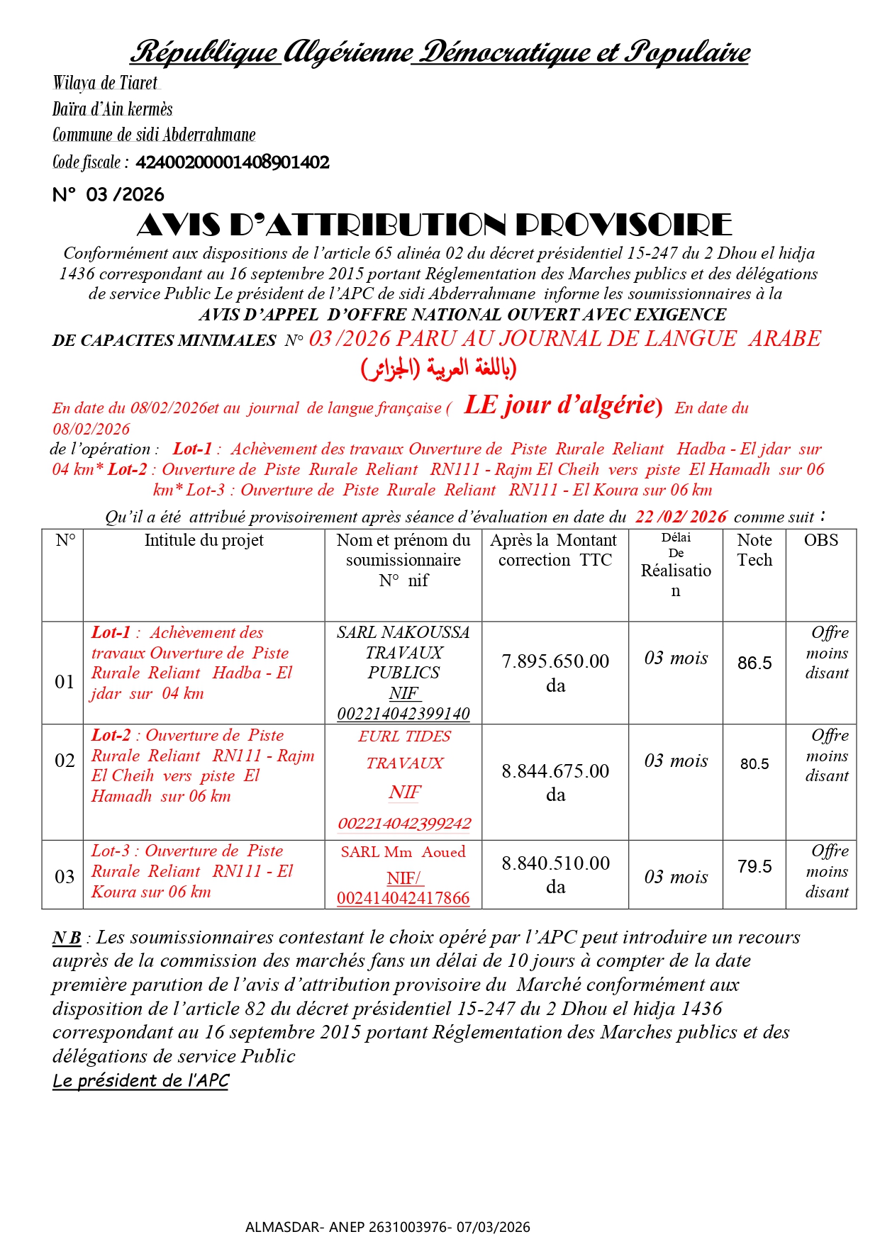 --*AVIS D’ATTRIBUTION PROVISOIRE 