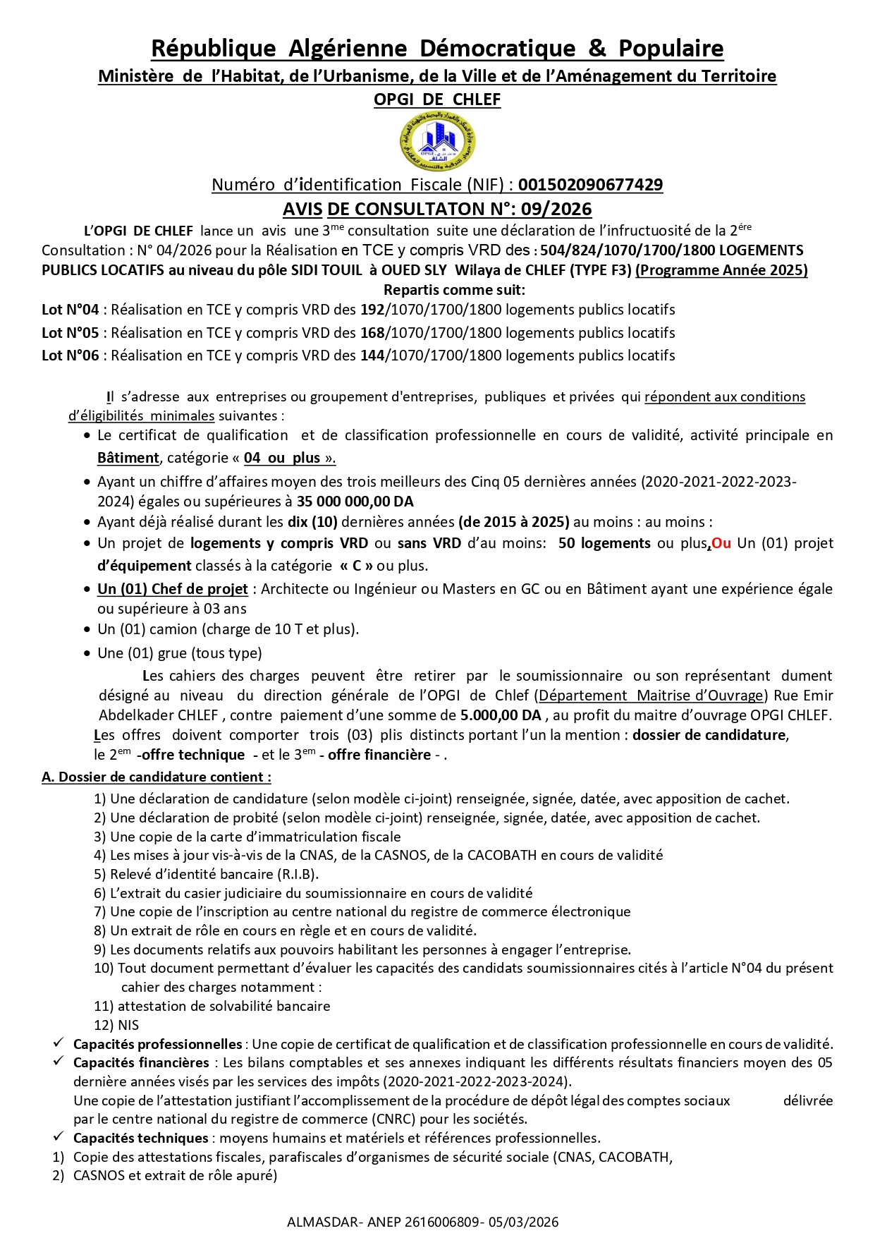 AVIS DE CONSULTATON N°: 09/2026