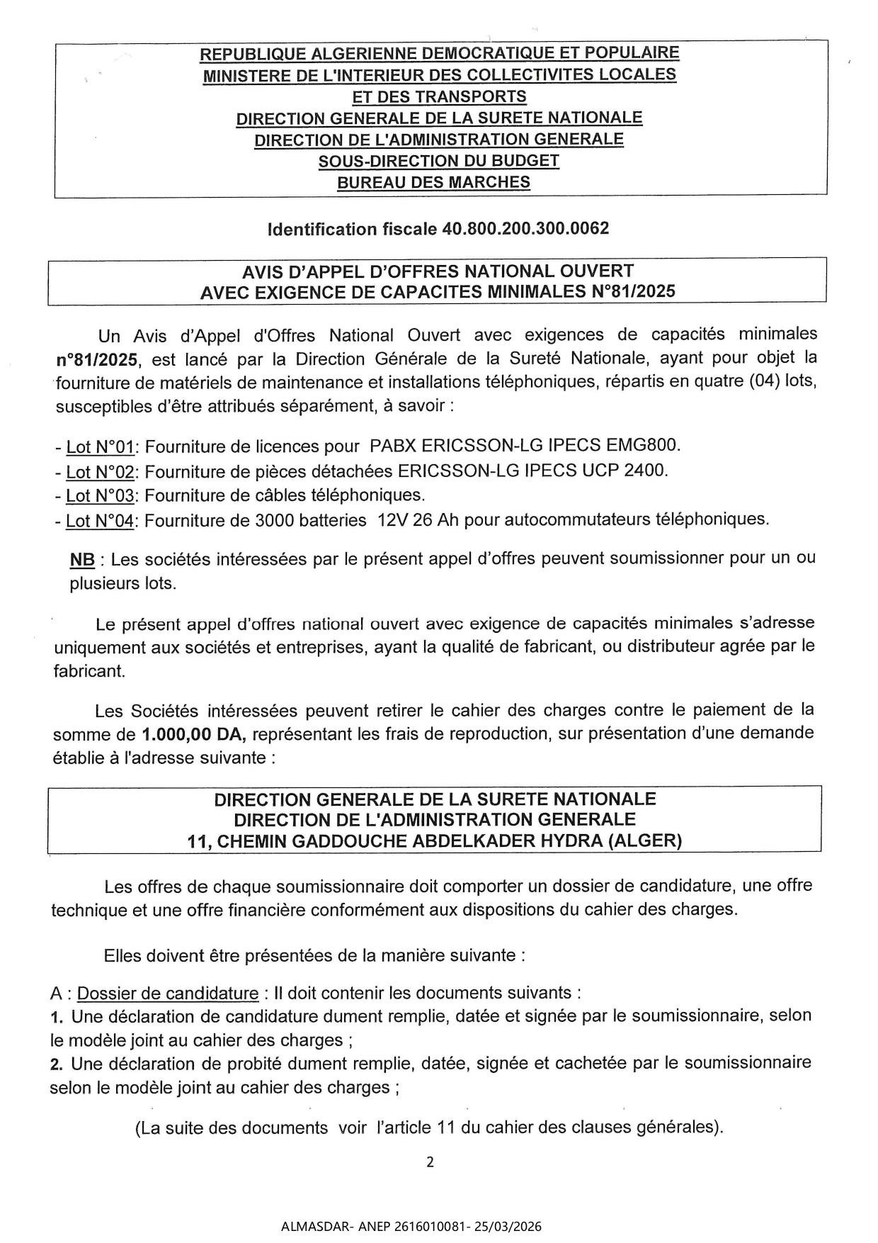 AVIS D'APPEL D'OFFRE NATIONAL OUVERT AVEC EXIGENCE DE CAPACITES MINIMALES N 81/2025