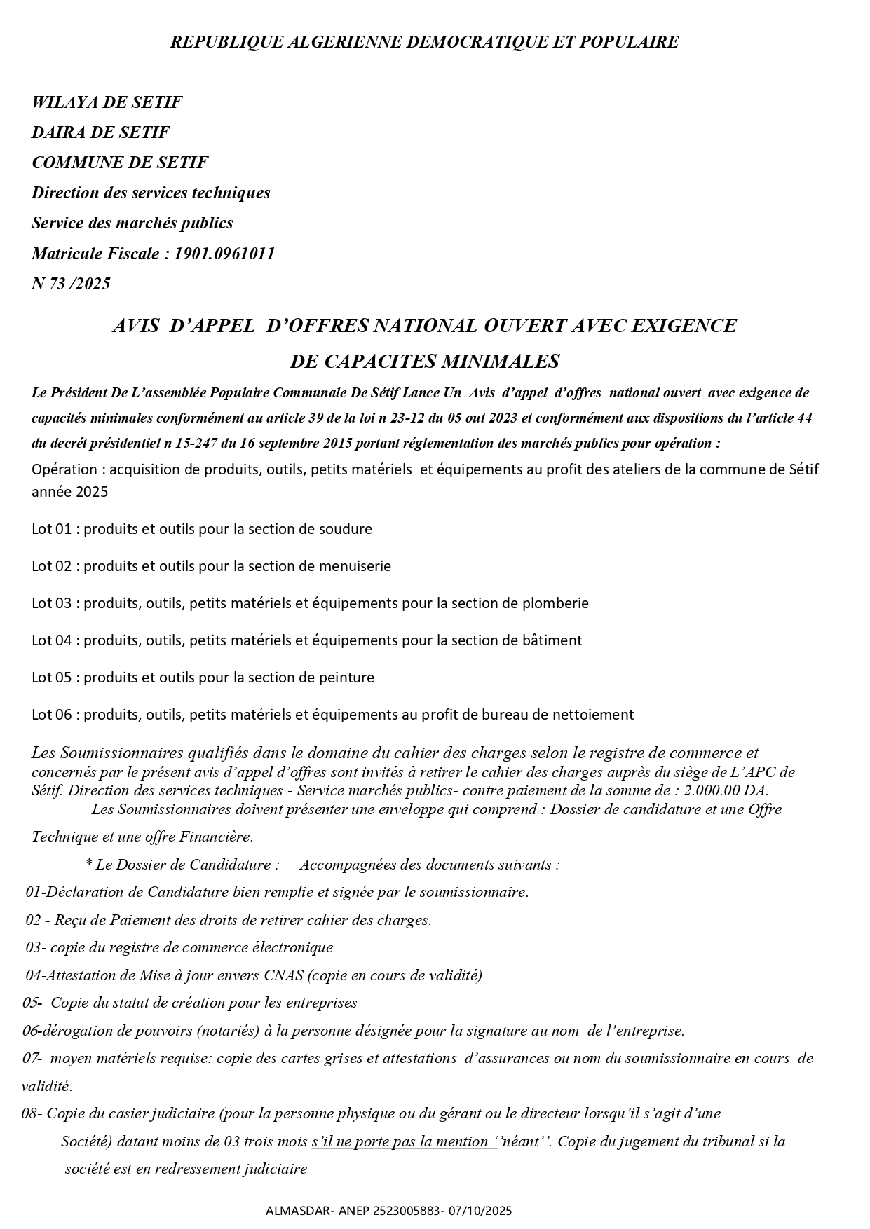 AVIS D'APPEL D'OFFRES NATIONAL OUVERT AVEC EXIGENCE DE CAPACITES MINIMALES
