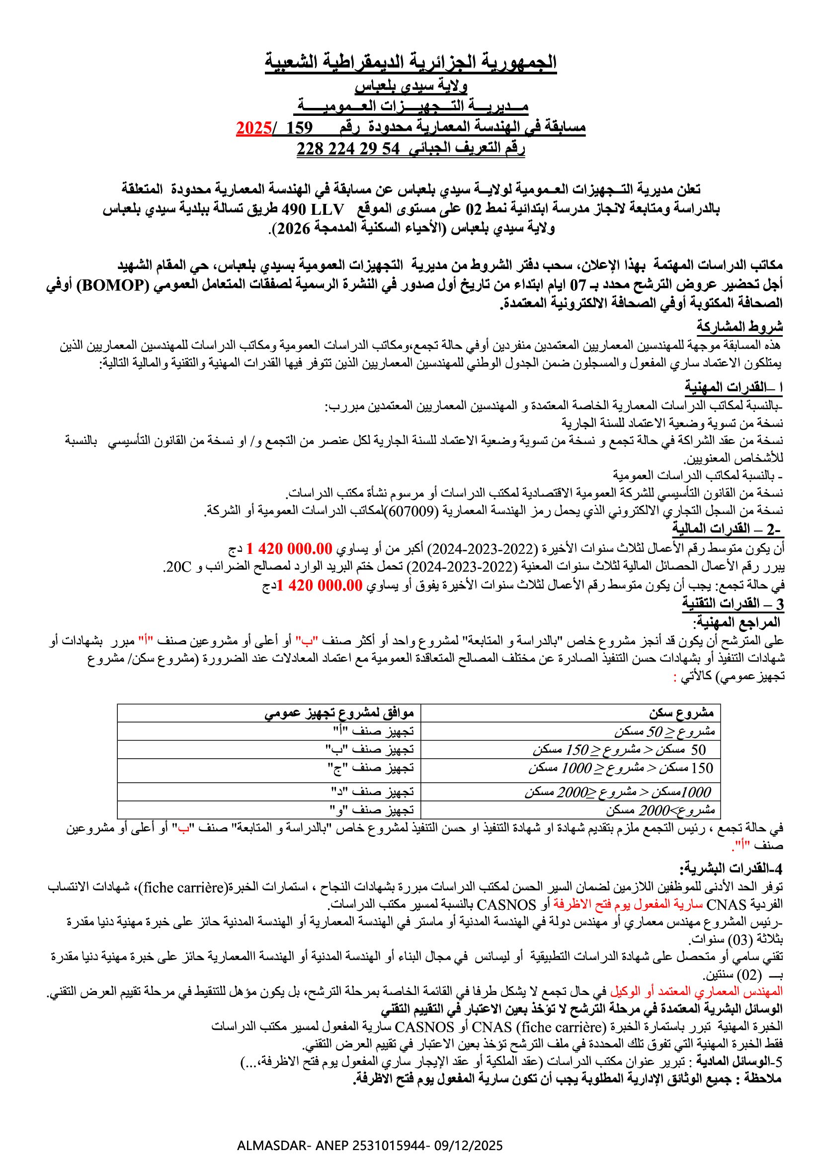 مسابقة في الهندسة المعمارية محدودة رقم 159/2025