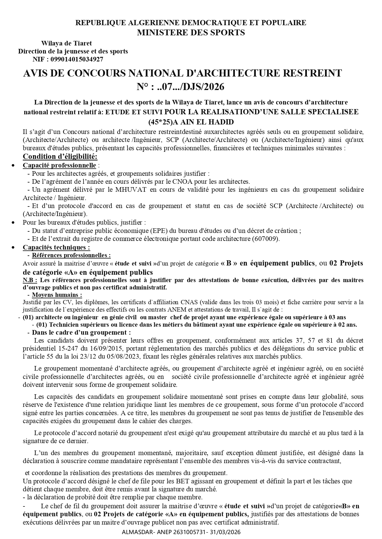 AVIS DE CONCOURS NATIONAL D'ARCHITECTURE RESTREINT   N° : ..07.../DJS/2026