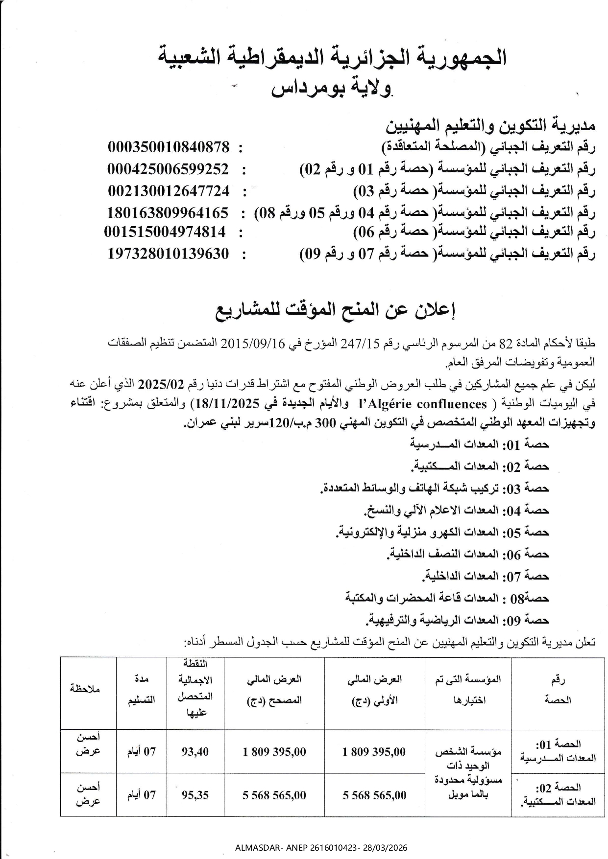 اعلان عن المنح المؤقت للمشاريع