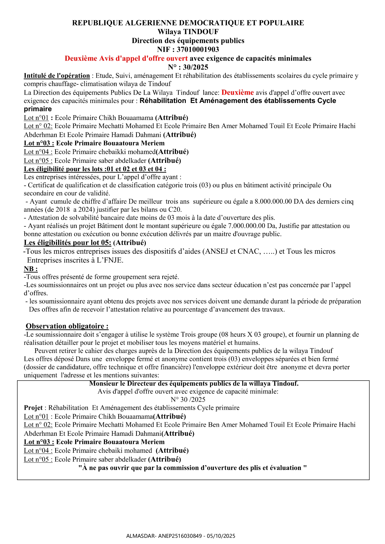 Deuxieme avis d'appel d'offre ouvert avec exigence de capacités minimales n°: 30/2025