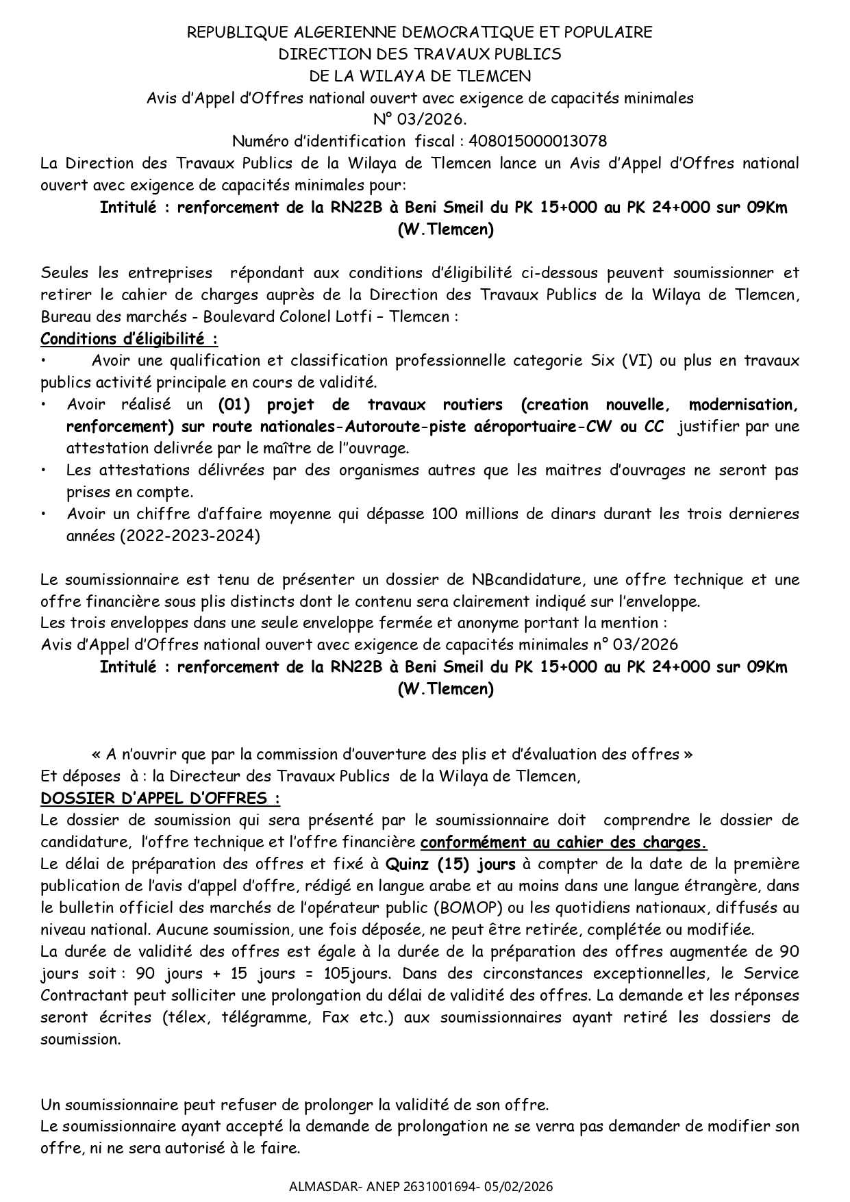 Avis d’Appel d’Offres national ouvert avec exigence de capacités minimales  N° 03/2026.