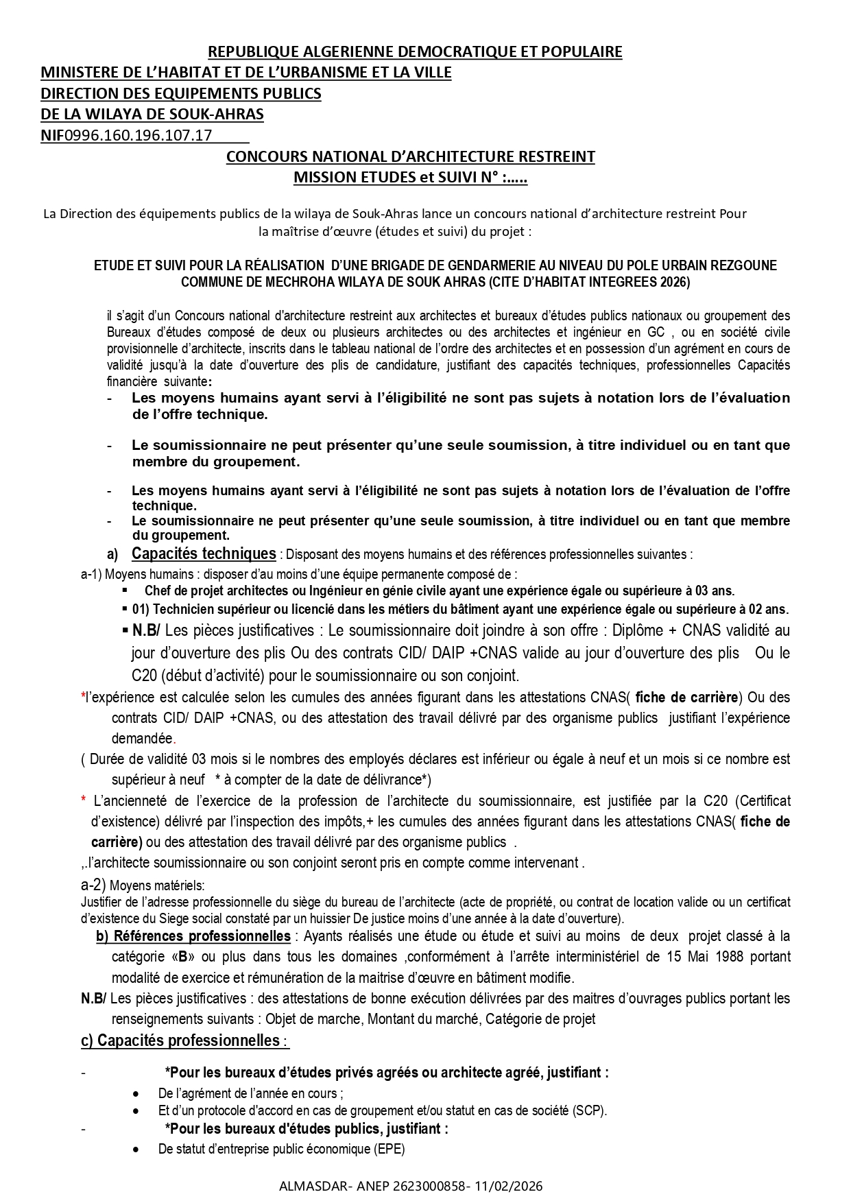 CONCOURS NATIONAL D’ARCHITECTURE RESTREINT  MISSION ETUDES et SUIVI