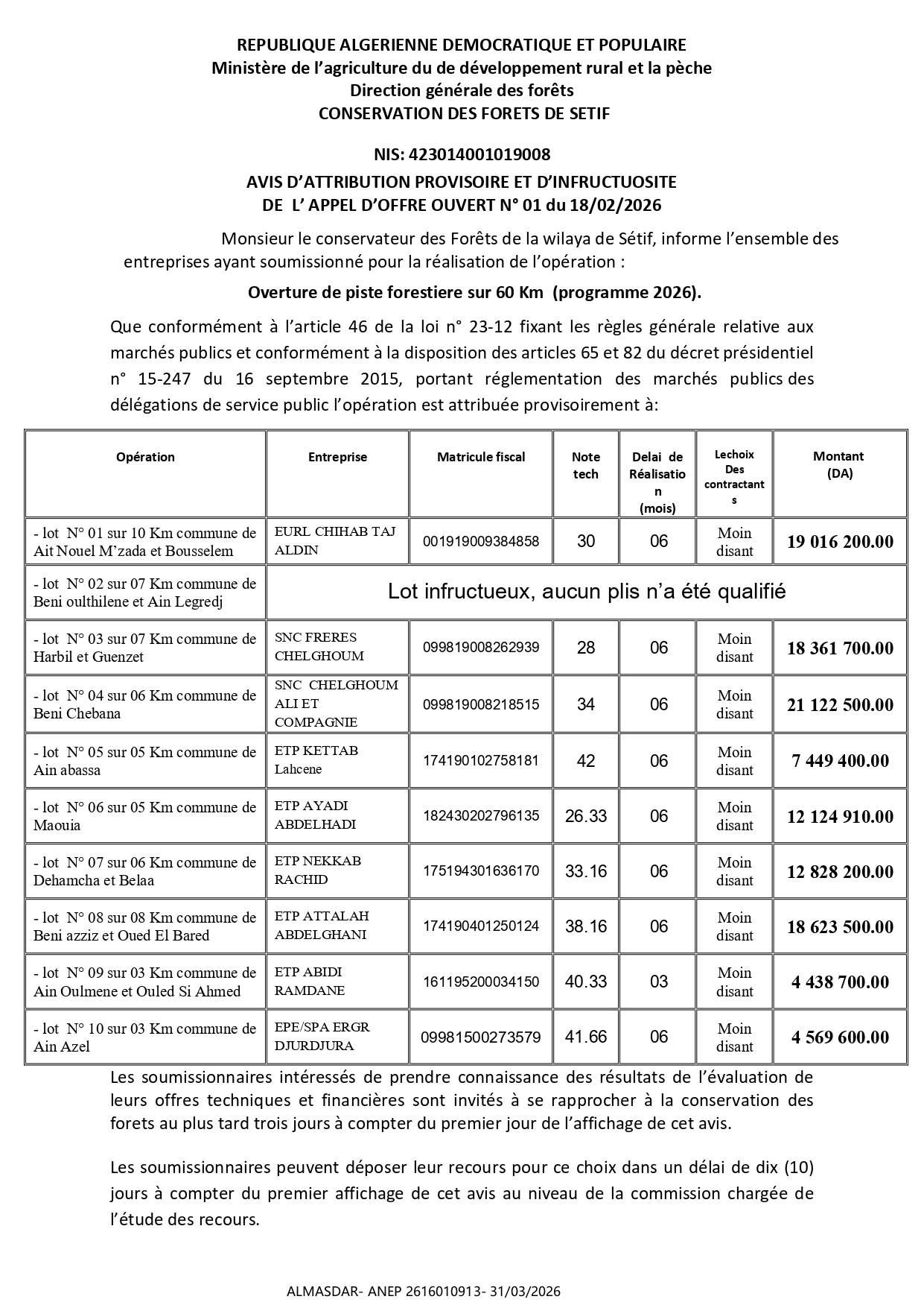 AVIS D’ATTRIBUTION PROVISOIRE ET D’INFRUCTUOSITE   DE  L’ APPEL D’OFFRE OUVERT N° 01 du 18/02/2026 