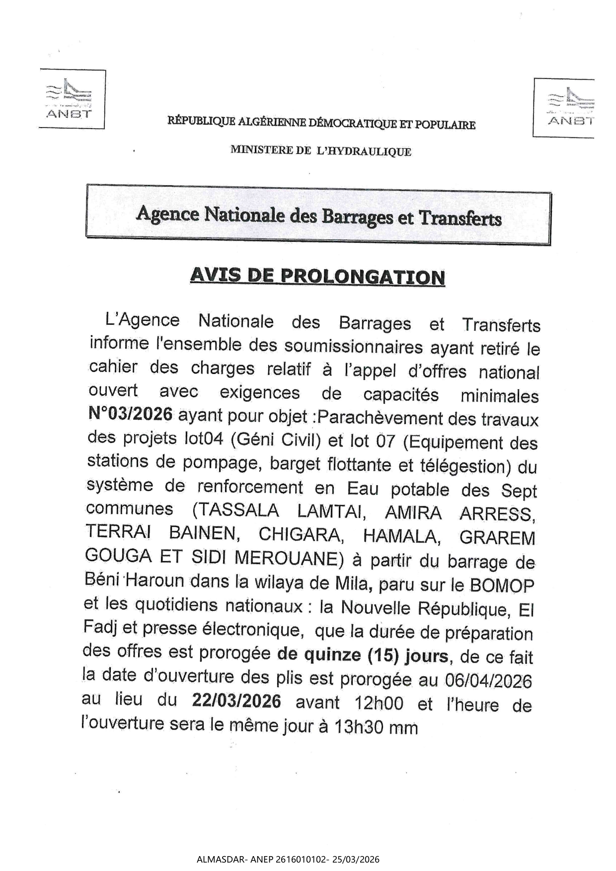 AVIS DE PROLONGATION