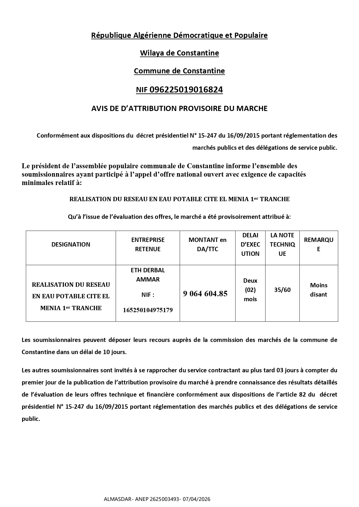 AVIS DE D’ATTRIBUTION PROVISOIRE DU MARCHE*/