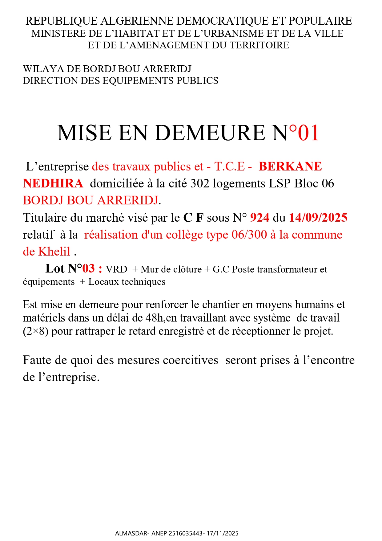 MISE EN DEMEURE N 01