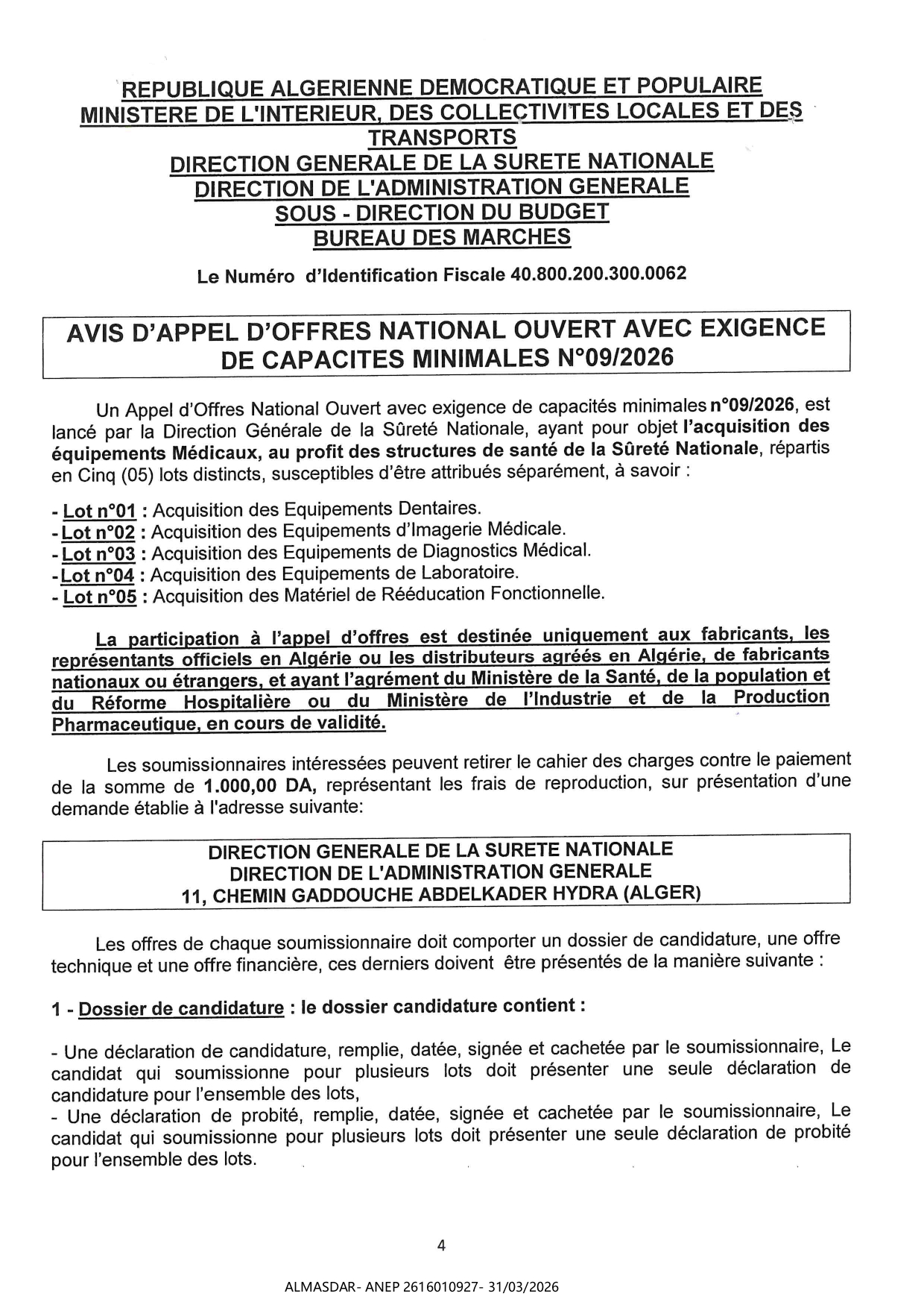 AVIS D'APPEL D'OFRRES NATIONAL OUVERT AVEC EXIGENCE DE CAPACITES MINIMALES N 09/2026