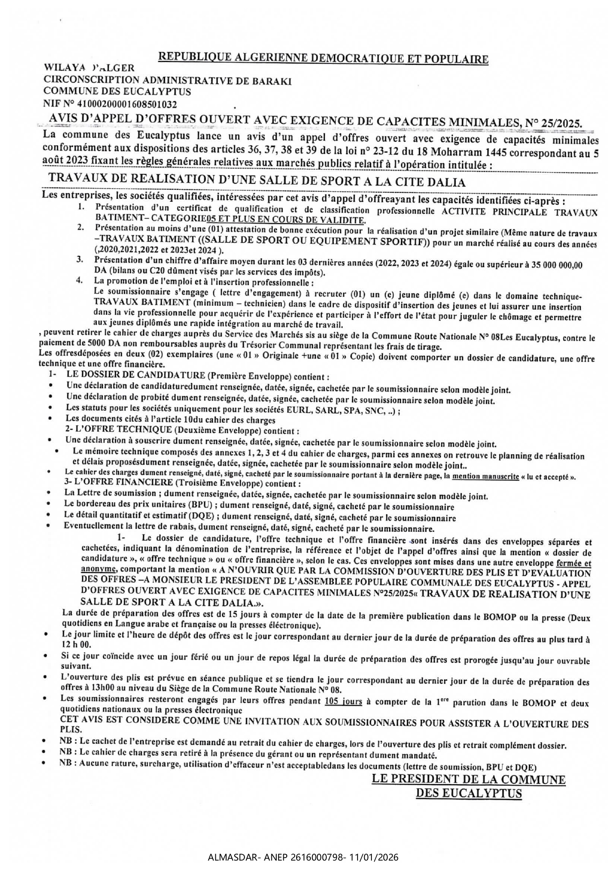 avis d'appel d'offres ouvert avec exigence de capacites minimales n 25/2025