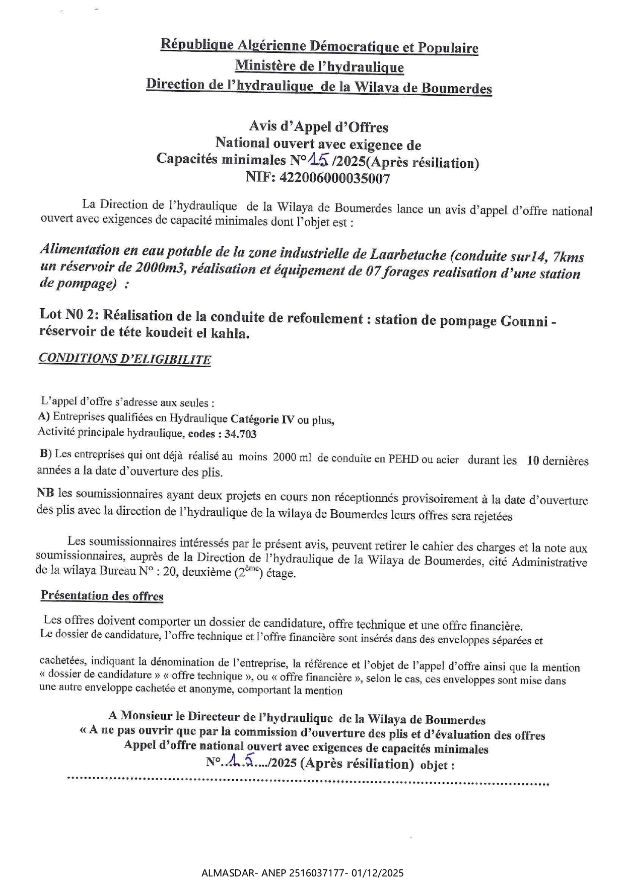 AVIS D'APPEL D'OFFRES NATIONAL OUVERT AVEC EXIGENCE DE CAPACITES MINIMALES N 15/2025