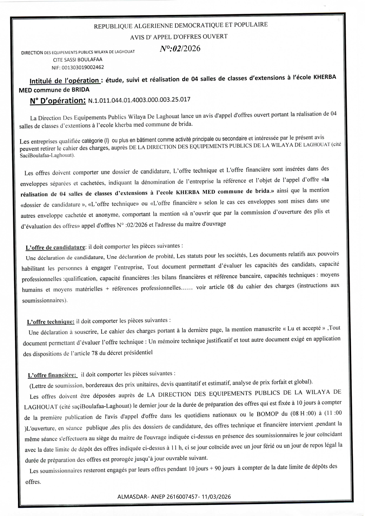 avis d'appel d'offres ouvert n 02/2026