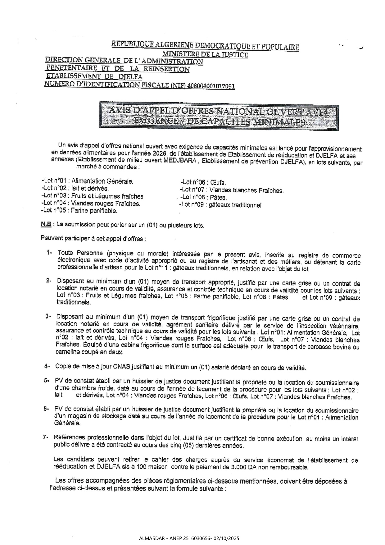 AVIS D'APPEL D'OFFRS NATIONAL OUVERT AVEC EXIGENCE DE CAPACITES MINIMALES