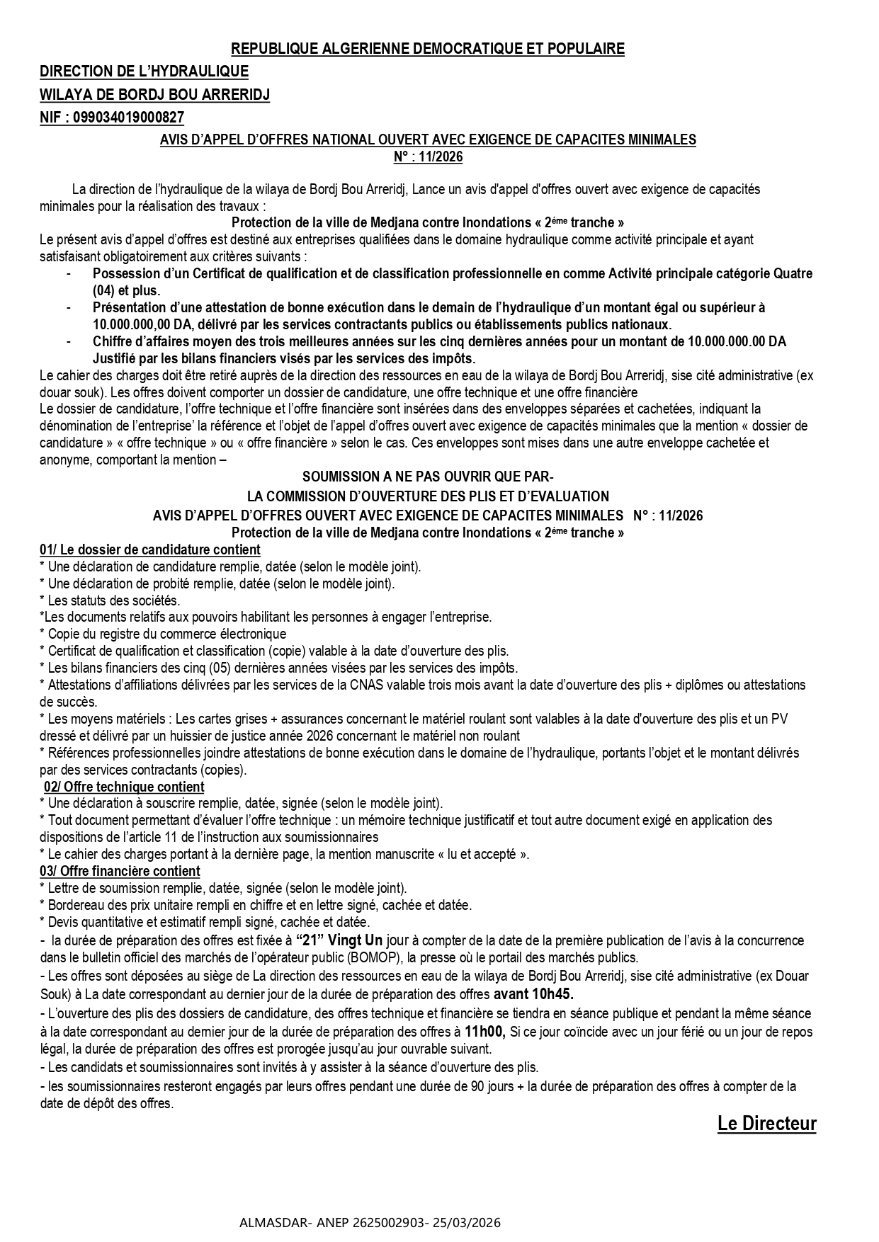 AVIS D’APPEL D’OFFRES NATIONAL OUVERT AVEC EXIGENCE DE CAPACITES MINIMALES   N° : 11/2026 