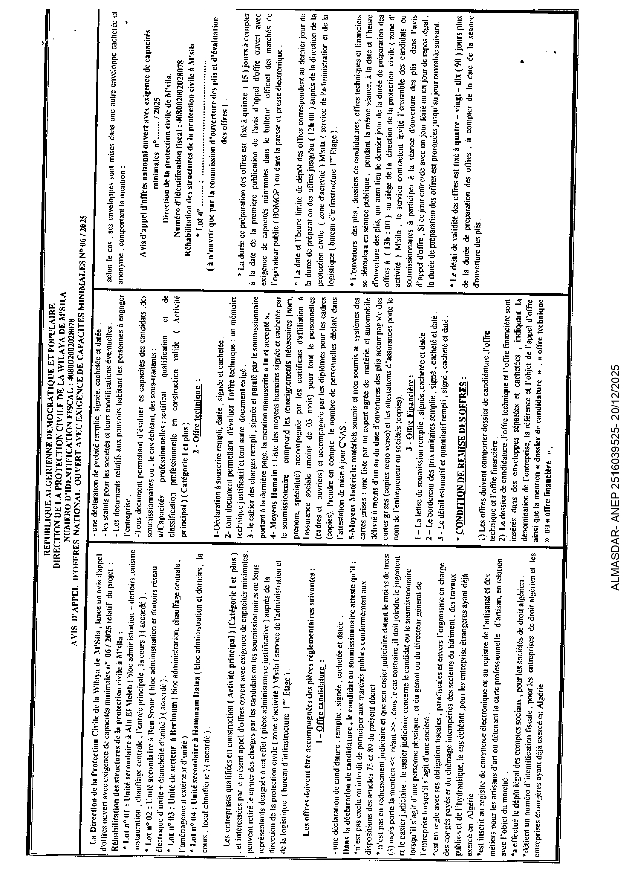  avis d'appel d'offres national ouvert avec exigence de capacites minimales n 06-2025