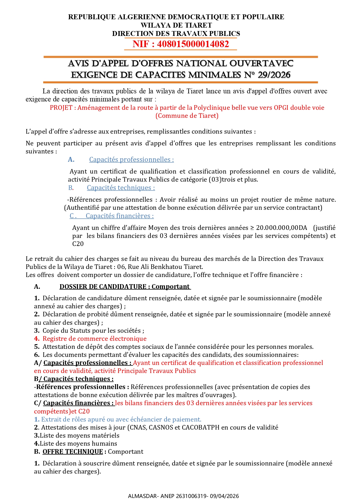 Avis d’APPEL d’OFFREs NATiONAL OUvERTAvEC  EXIGENCE DE CAPACITES MINIMALES N° 29/2026 