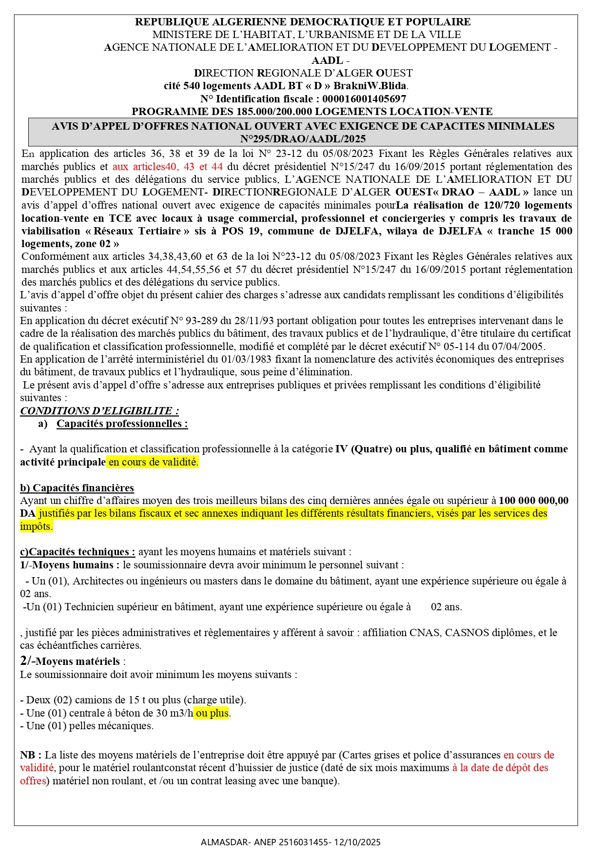 Avis d'appel d'offre national ouvert avec exigence de capacités minimales n295/DRAO/AADL/2025