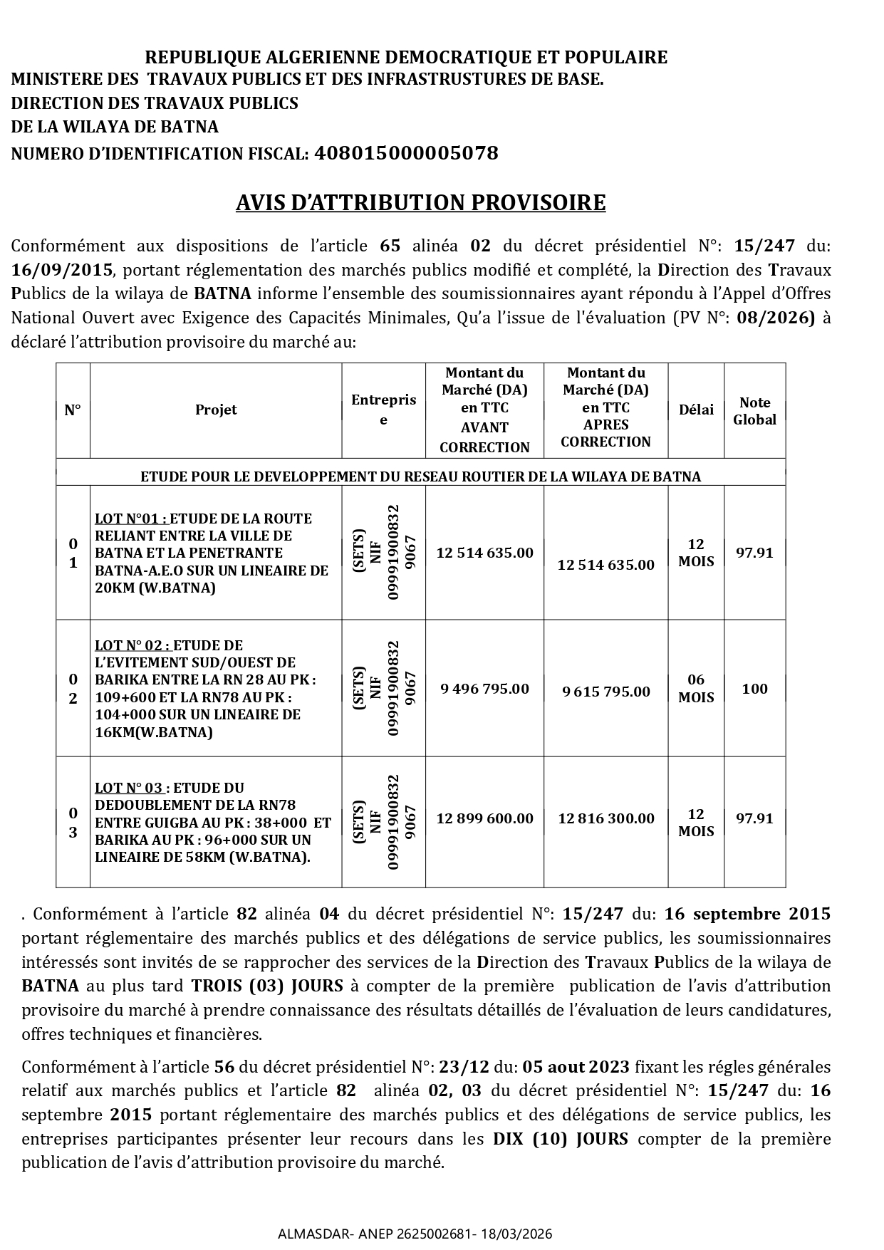 AVIS D’ATTRIBUTION PROVISOIRE*/*/