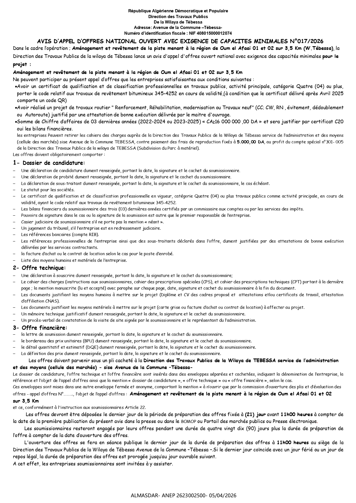 AVIS D’APPEL D’OFFRES NATIONAL OUVERT AVEC EXIGENCE DE CAPACITES MINIMALES N°017/2026 