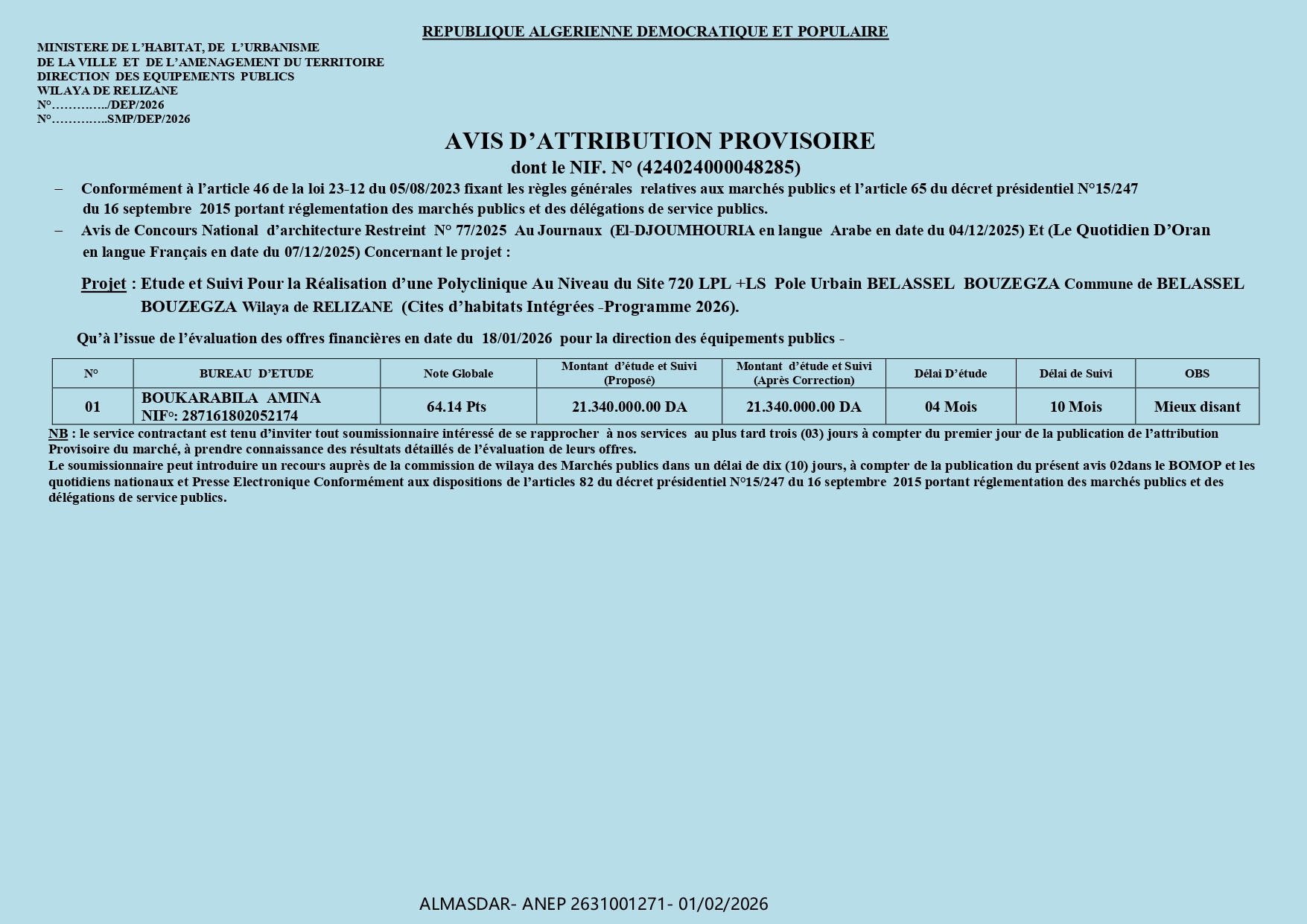 */AVIS D’ATTRIBUTION PROVISOIRE*/